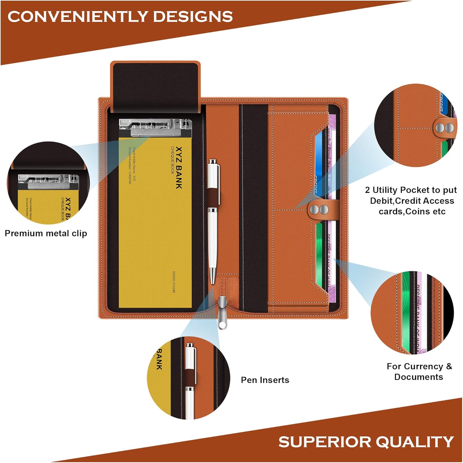 FEDUS Brown Color PU Leather Expanding and Multiple Cheque Book Holder for Cards, Cheque Book, Traveling Wallets, Checkbook Holder, Documents Holder for Office & Home Use Brown