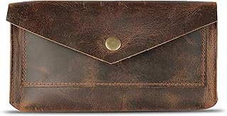 Leather Currency Pouch, Leather Pouch, Retro Clutch Wallet for Men & Women, Cash Wallet, Cash Envelope, Currency pouch with button closure, currency pouch with mobile pocket by TheAntiq, Brown, 8x4inches, Snap Button Closure