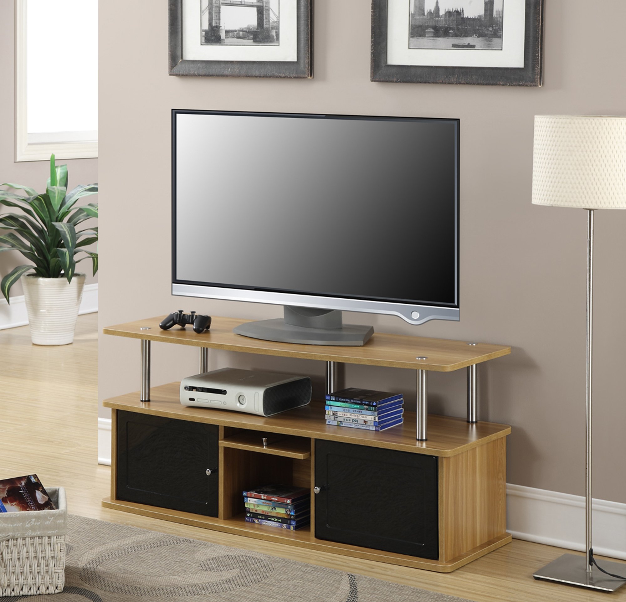 Convenience Concepts Designs2Go 50 inch TV Stand with 3 Storage Cabinets and Shelf, Light Oak