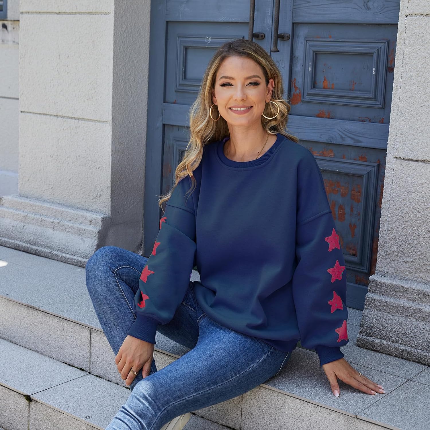 Women's Oversized Crewneck Sweatshirt, Thickened with Fleece, Star Sleeves, Long Sleeve Pullover Top - Image 3