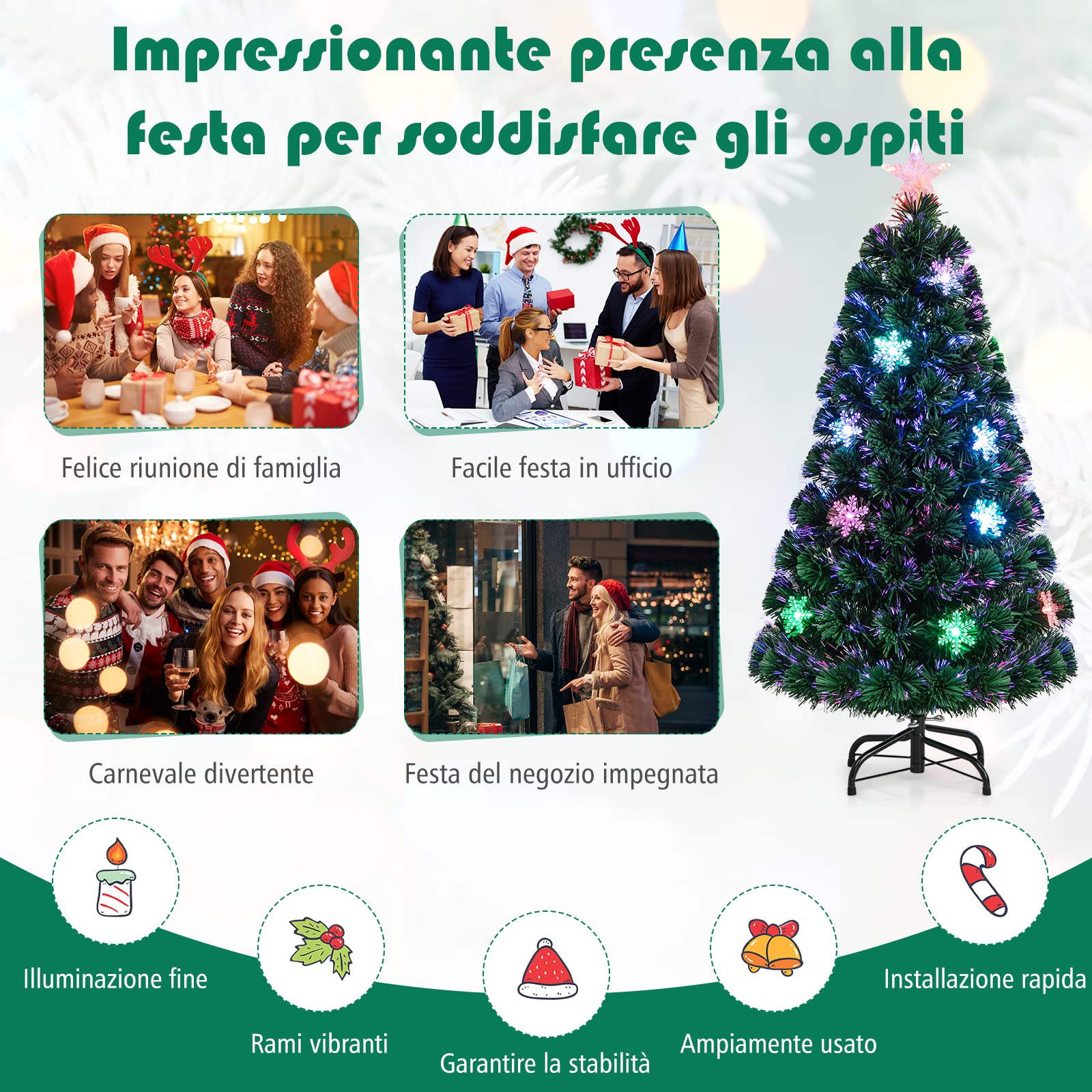 COSTWAY Albero di Natale 90/120/150/180 cm, Albero di Natale Artificiale con Luci LED, Rami Densi, Stelle Luminosi e Fibre Ottiche, Decorazione Natalizia per Casa, Ufficio e Negozio (120 cm)