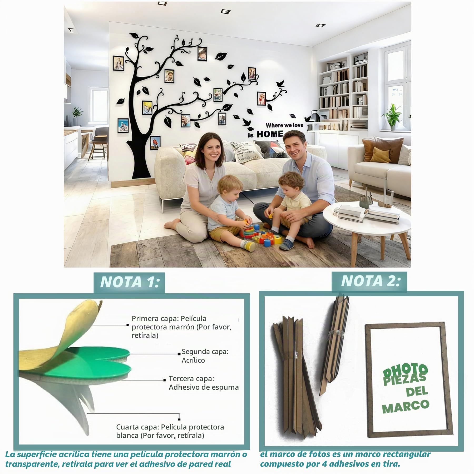 Árbol Pegatinas de Pared - 3D Árbol Familia Marco de Fotos DIY Murales Stickers Decoración para Salón, Dormitorio, Oficina, Habitación (Negro Derecha,S:100 * 140cm)