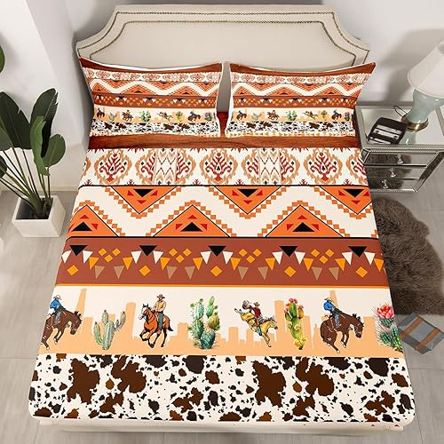Miniatura 2 de Juego de sábanas de vaquero occidental, tamaño King, piel de vacuno, tablero de madera rústica con bolsillo profundo, 1 encimera y 2 fundas de