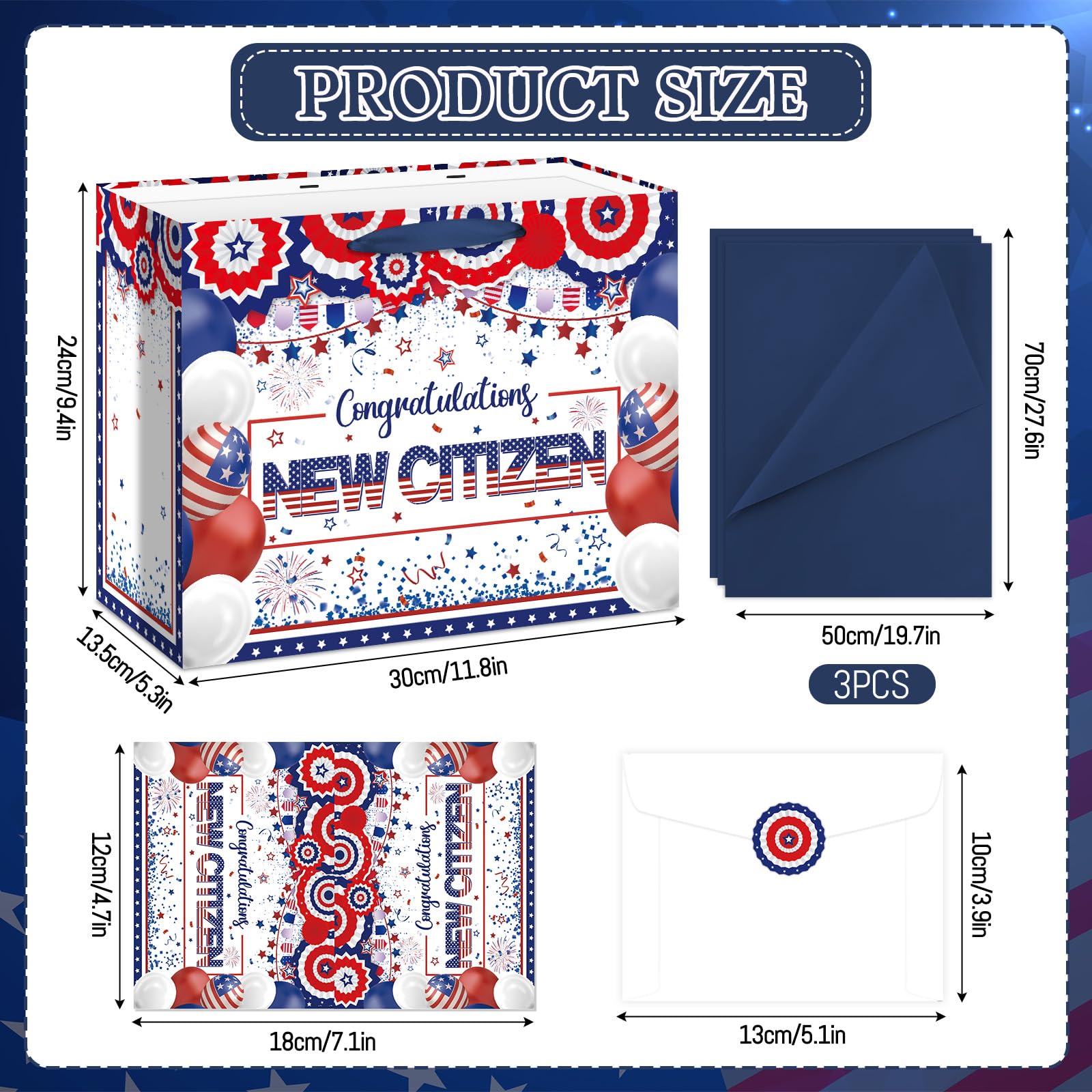 Allparty New American Citizen Gift Bag Citizenship Gift Bag with Wrapping Paper Card Sticker Envelope Blue White and Red New Citizen Party Favors Congratulations Gifts Presents for New US Citizens