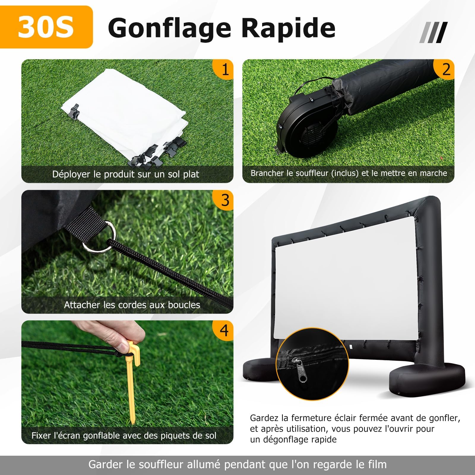 GYMAX Écran de Projection Gonflable 327 x 187 cm, Léger et Portable avec Sac de Rangement, Installation Facile avec Souffleur & Piquets de Sol, pour Cinéma en Extérieur