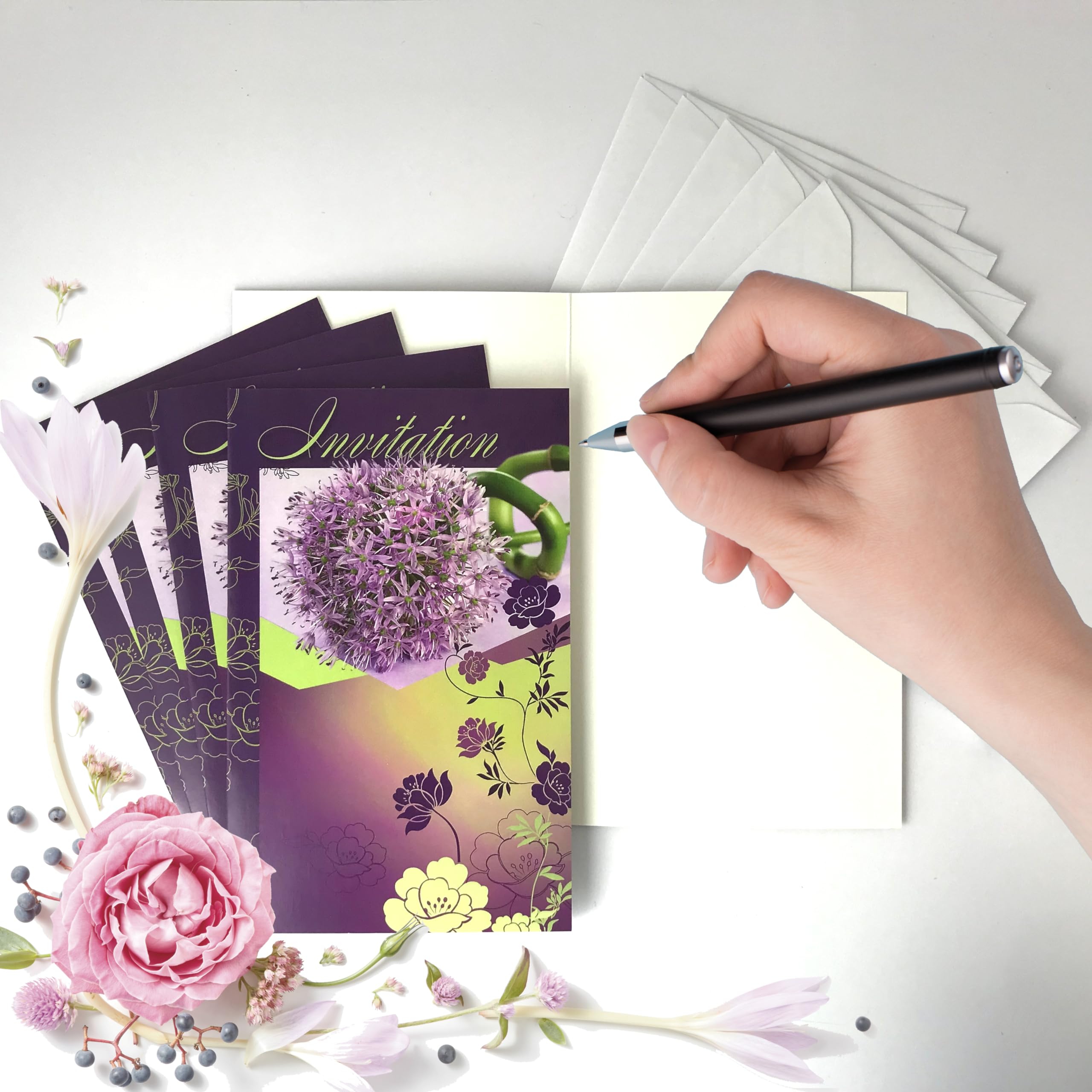 IV5029 P5 Set of 5 Invitation Cards with 5 White Envelopes 9 x 14 cm Purple Flowers, Multicolored