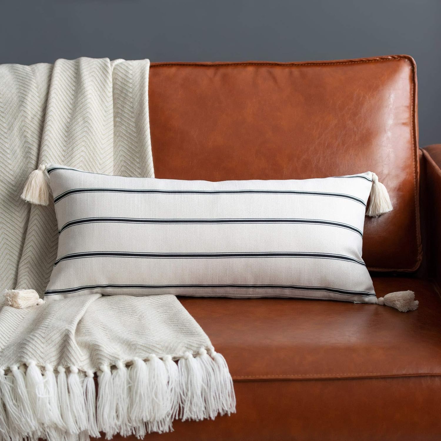 Hofdeco Modern Boho Moroccan Indoor Outdoor Long Lumbar Pillow Cover ONLY for Bed, Backyard, Couch, Sofa Neutral Beige Stripe Tassels, 12"x26"