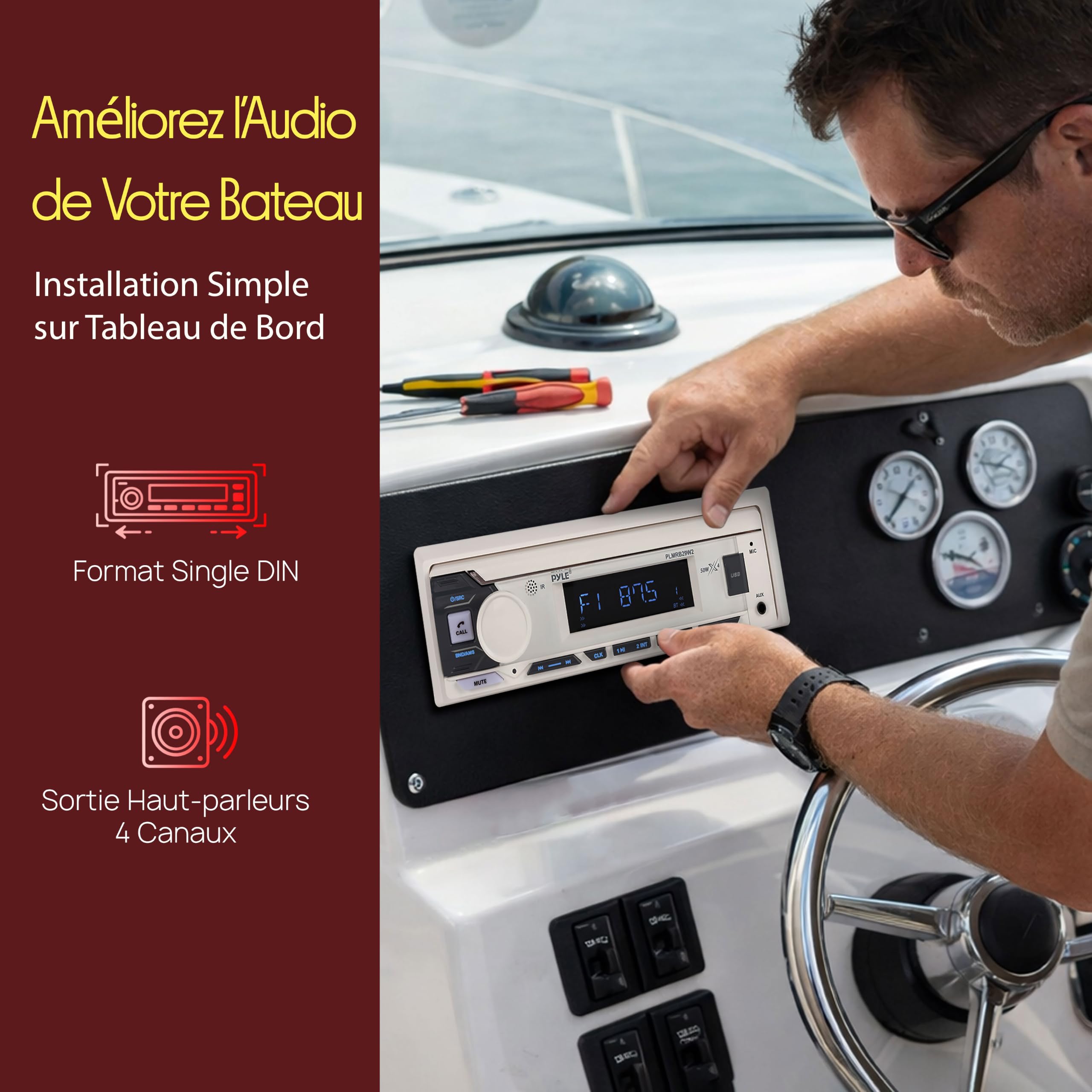 Pyle Autoradio Bluetooth Marin Single DIN, Récepteur Bateau Voiture - Blanc