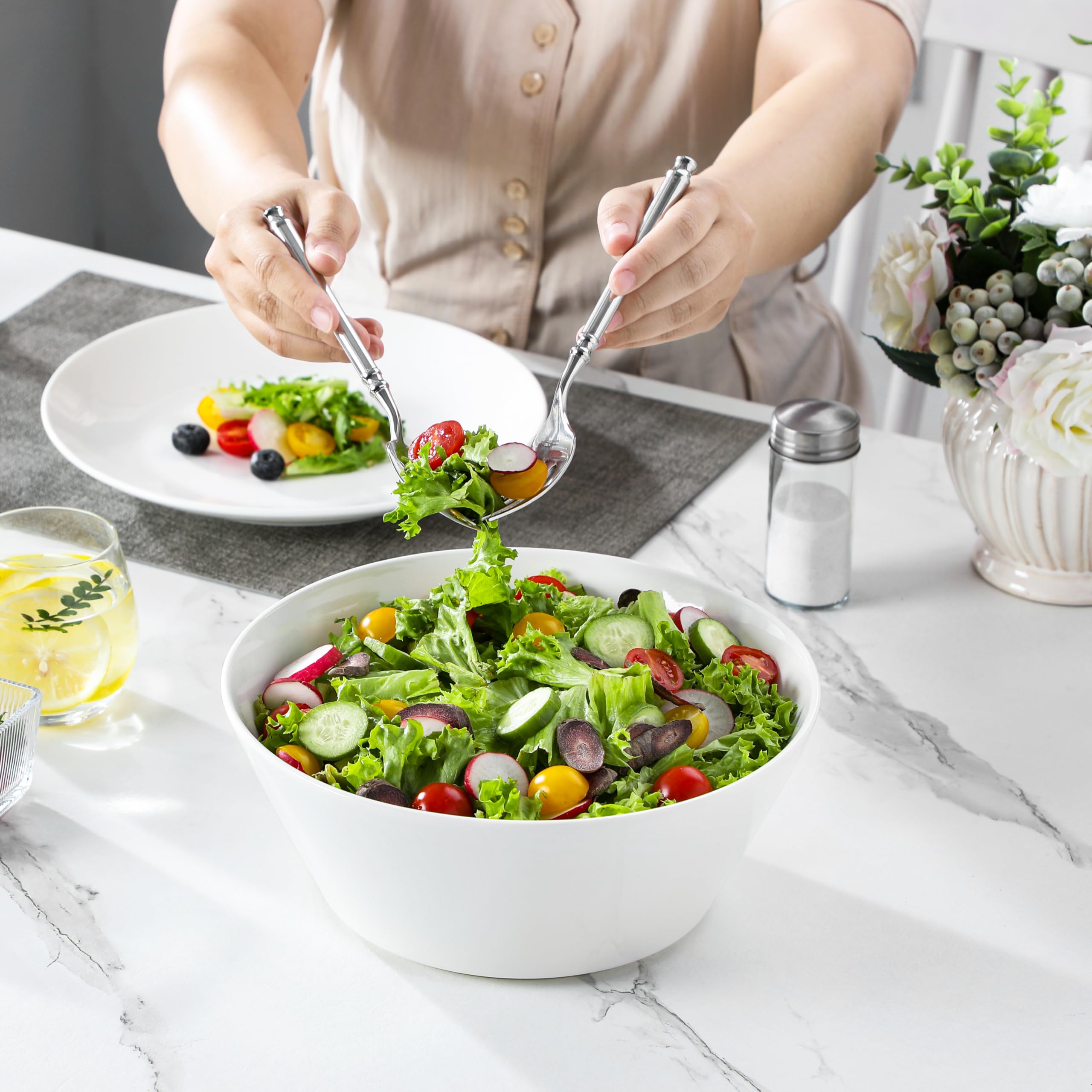 MALACASA Ensaladera de 3.1 L, Juego de 2 Cuencos Grandes de Porcelana para Frutas, Cuencos de Servicio para Ensalada, Fruta, Sopa, Ramen y Cereales, Blanco, Serie Regular