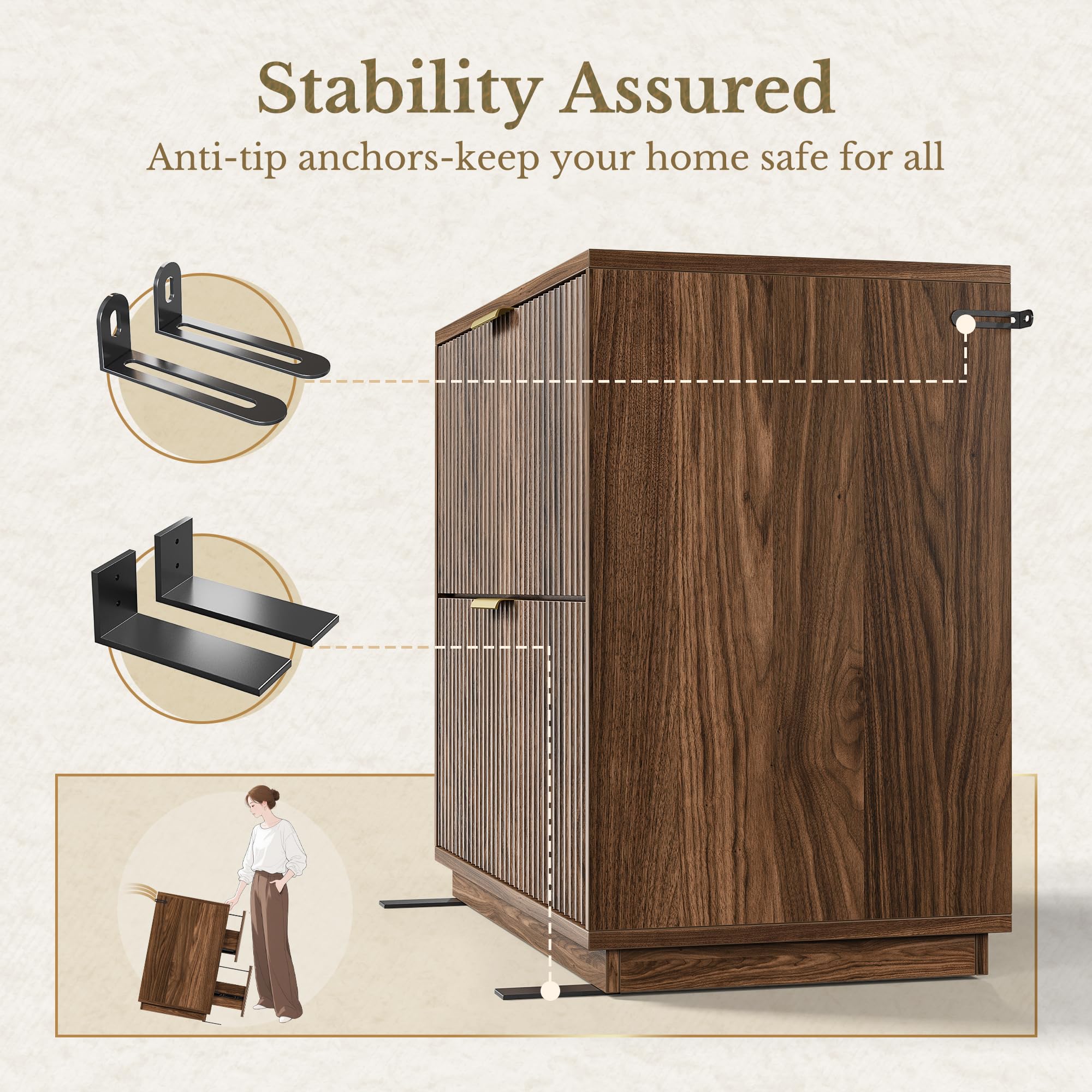 2 Drawer Fluted File Cabinet 32 Lateral File Cabinet for Legal Letter A4 F4 Size Hanging Files Wood — view 8