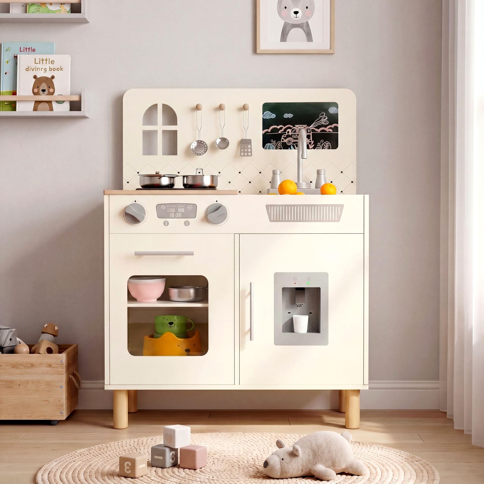 MAMIZO Wooden Play Kitchen for Kids, Toy Kitchen with Realistic Light & Sound, Interactive Kids Kitchen with 5 Pcs Cookware, Oven, Water Dispenser, Storage Cabinets & Chalkboard for Ages 3+ (Cream)