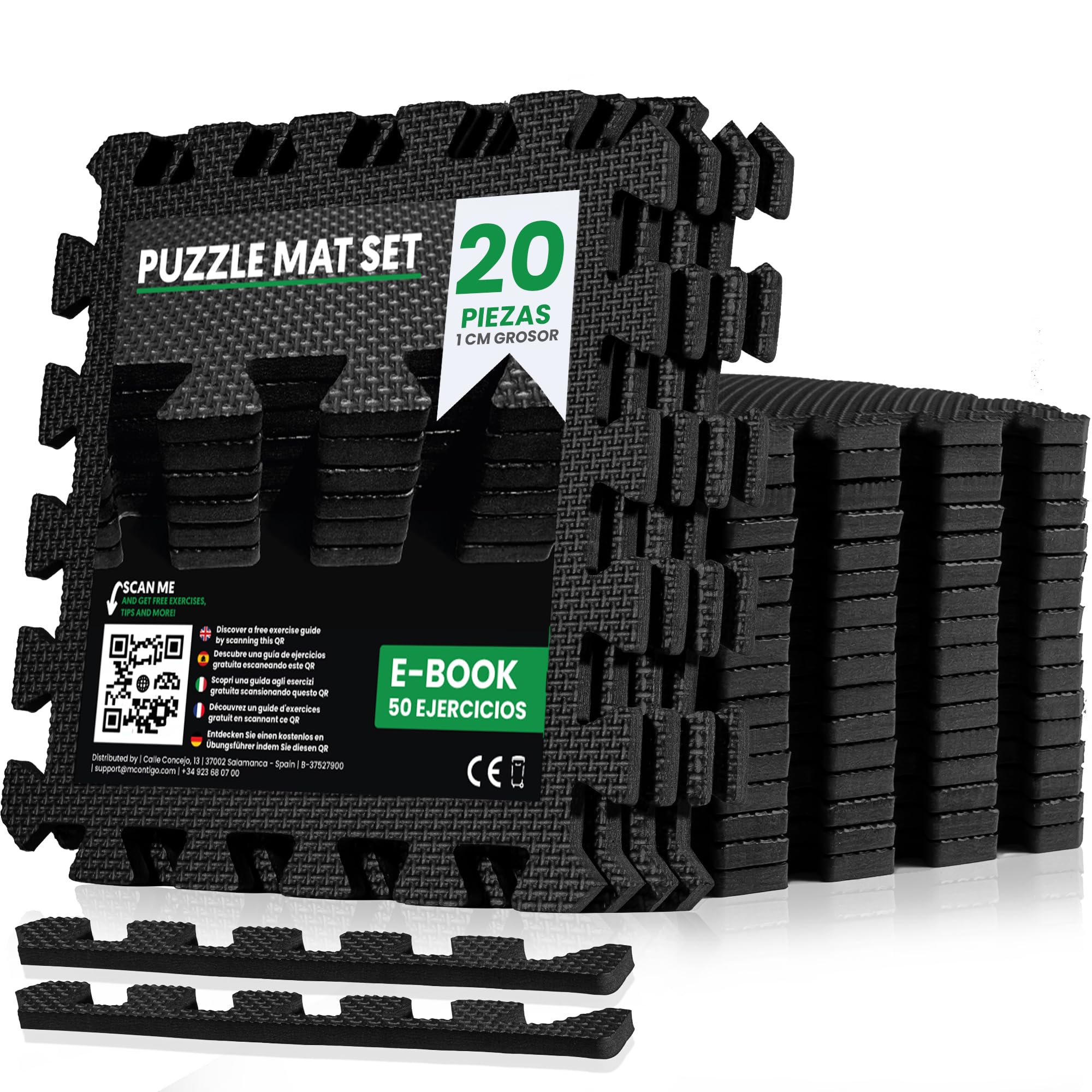 unycos - Esterilla Fitness Puzzle para Suelo de Gimnasio【30x30x1 cm】 Set de Protección de Espuma EVA, 20 Piezas, Alfombra Expandible, Tatami para Pisos | Impermeable, No Tóxica (Negro I 1,80 m²)