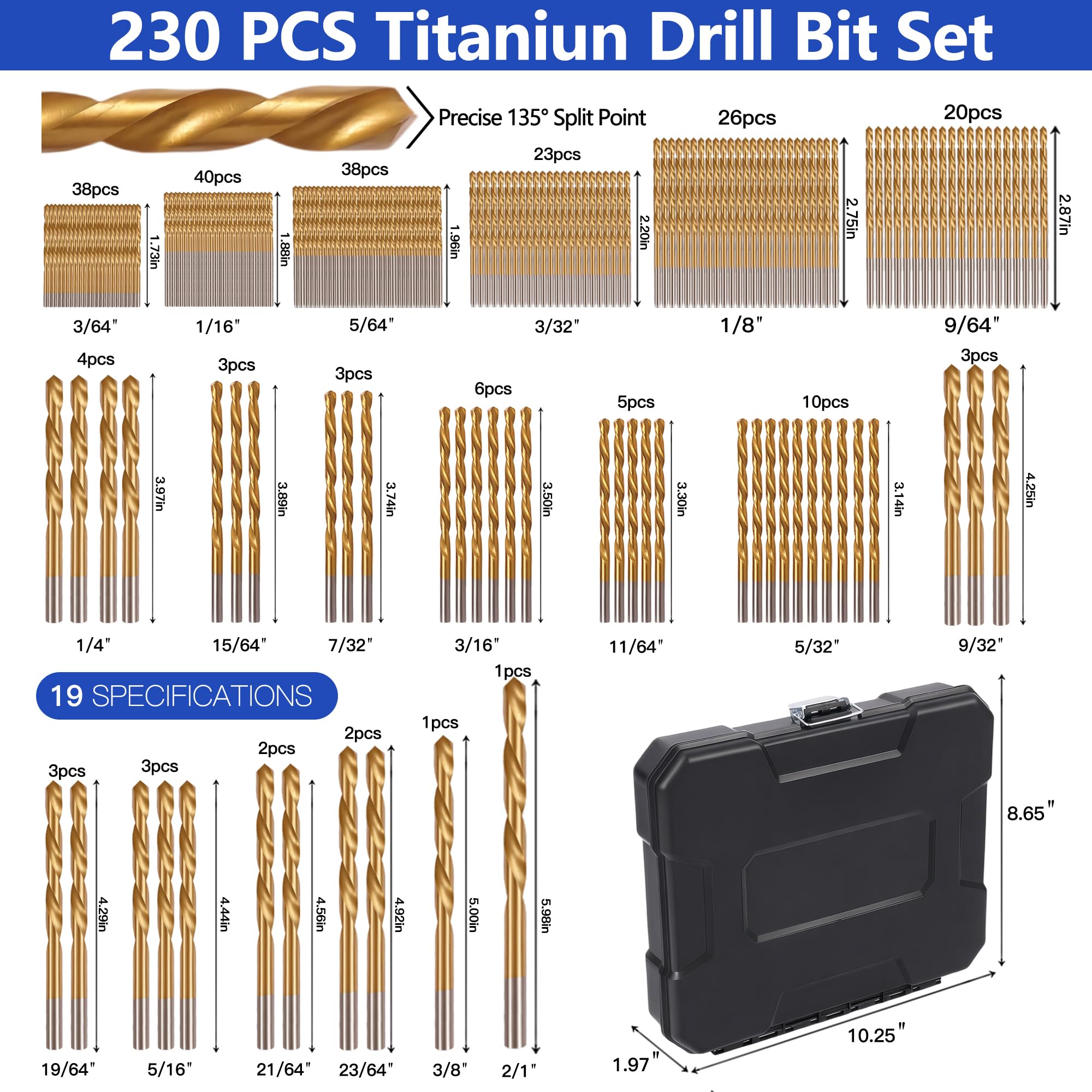 230 Piece Titanium Drill Bit Set - 3/64" to 1/2" -2