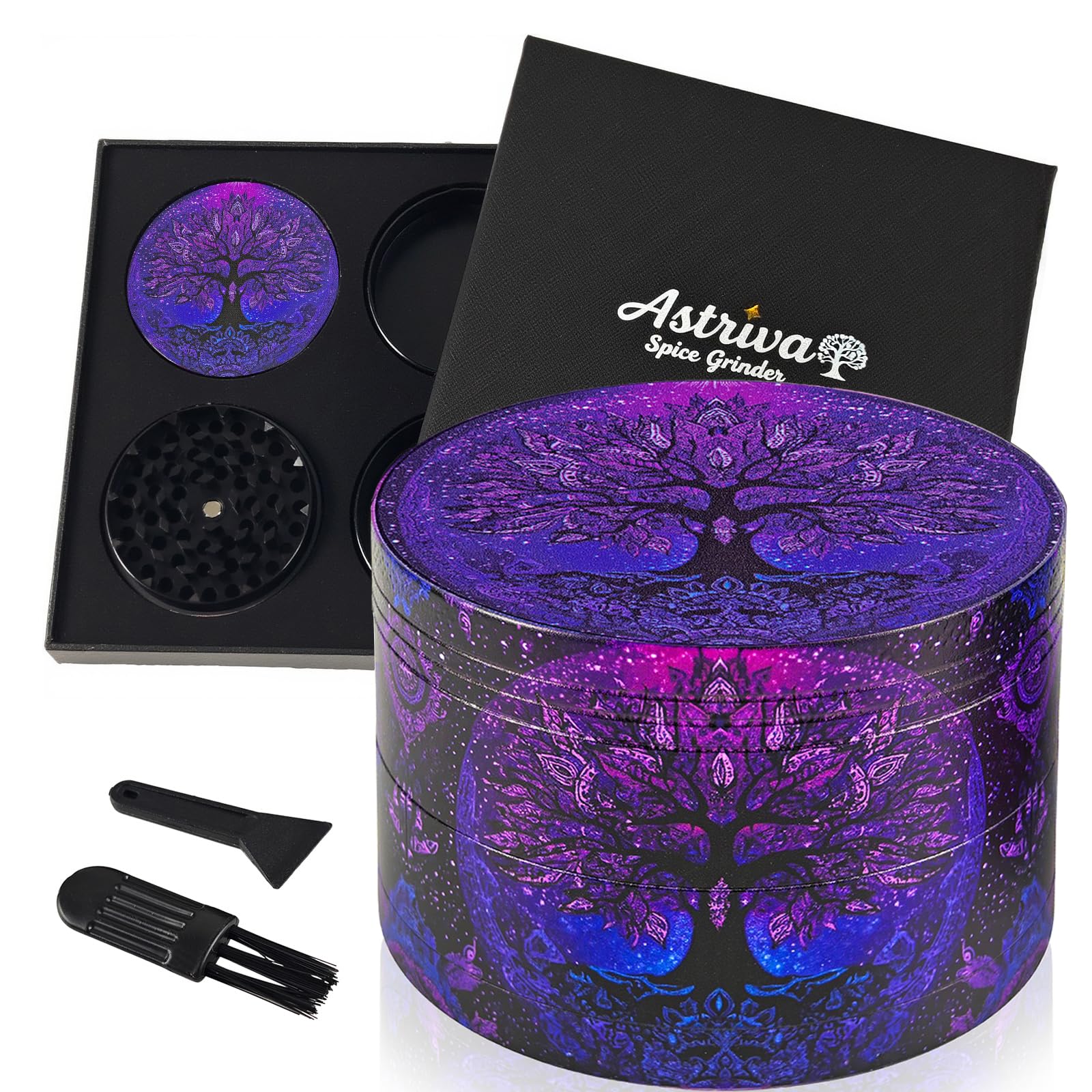 Grinder Herb Large, 63mm, 4 Piece Purple Grinder with 40 Sharp Shark Teeth, Cool Fantasy Metal Grinders for Kitchen Spice & Herbal Tea, Gift Set for Boyfriend & Girlfriend, Man & Women(Tree of Life)