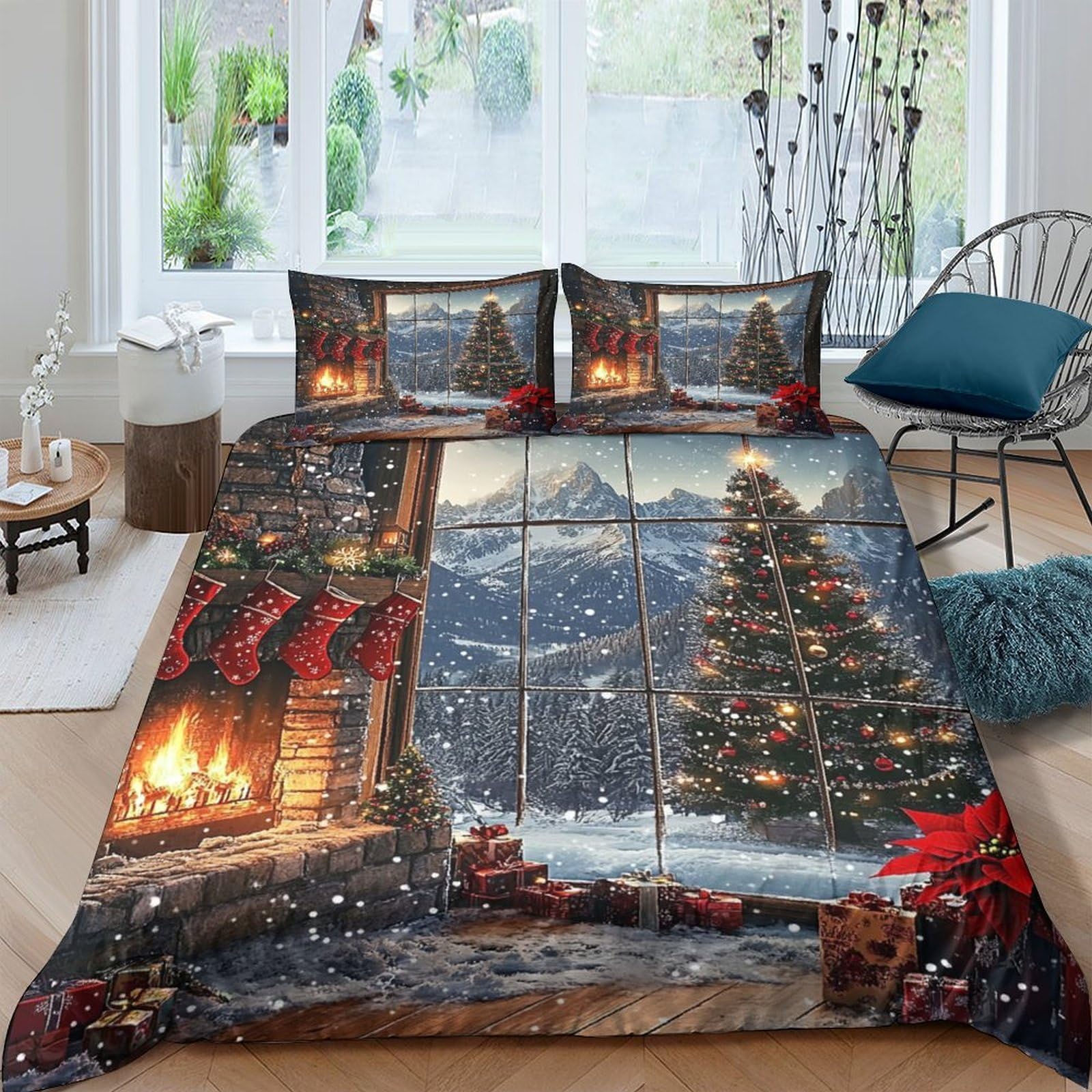 Ctjqhvkz Style-3 3D Printed Christmas Fireplace Fitted Sheet Microfiber Soft Snowy Tree Bed Cover For Bedroom Guest Room Decor Single（135X200cm）
