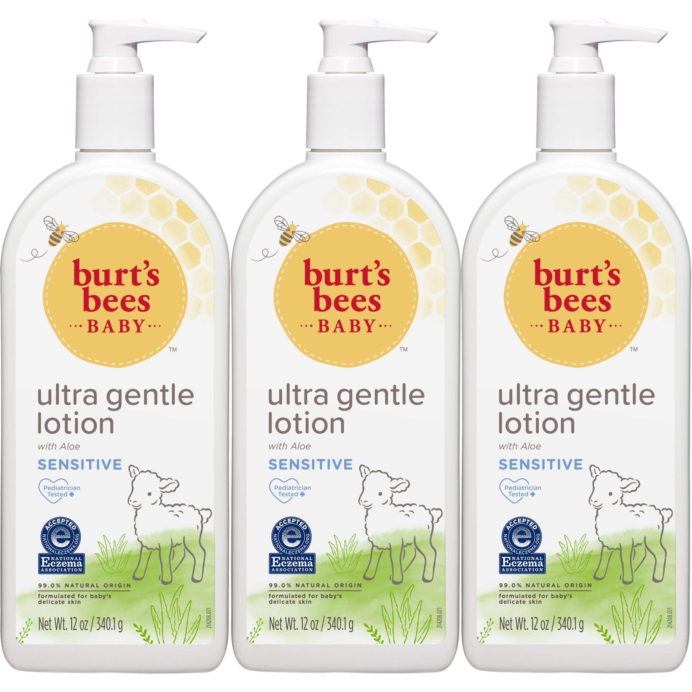 Burt's BeesBaby Ultra Gentle Lotion with Aloe for Sensitive Skin, Pediatrician Tested, 99% Natural Origin Baby Care, 12 Oz (Pack of 3)