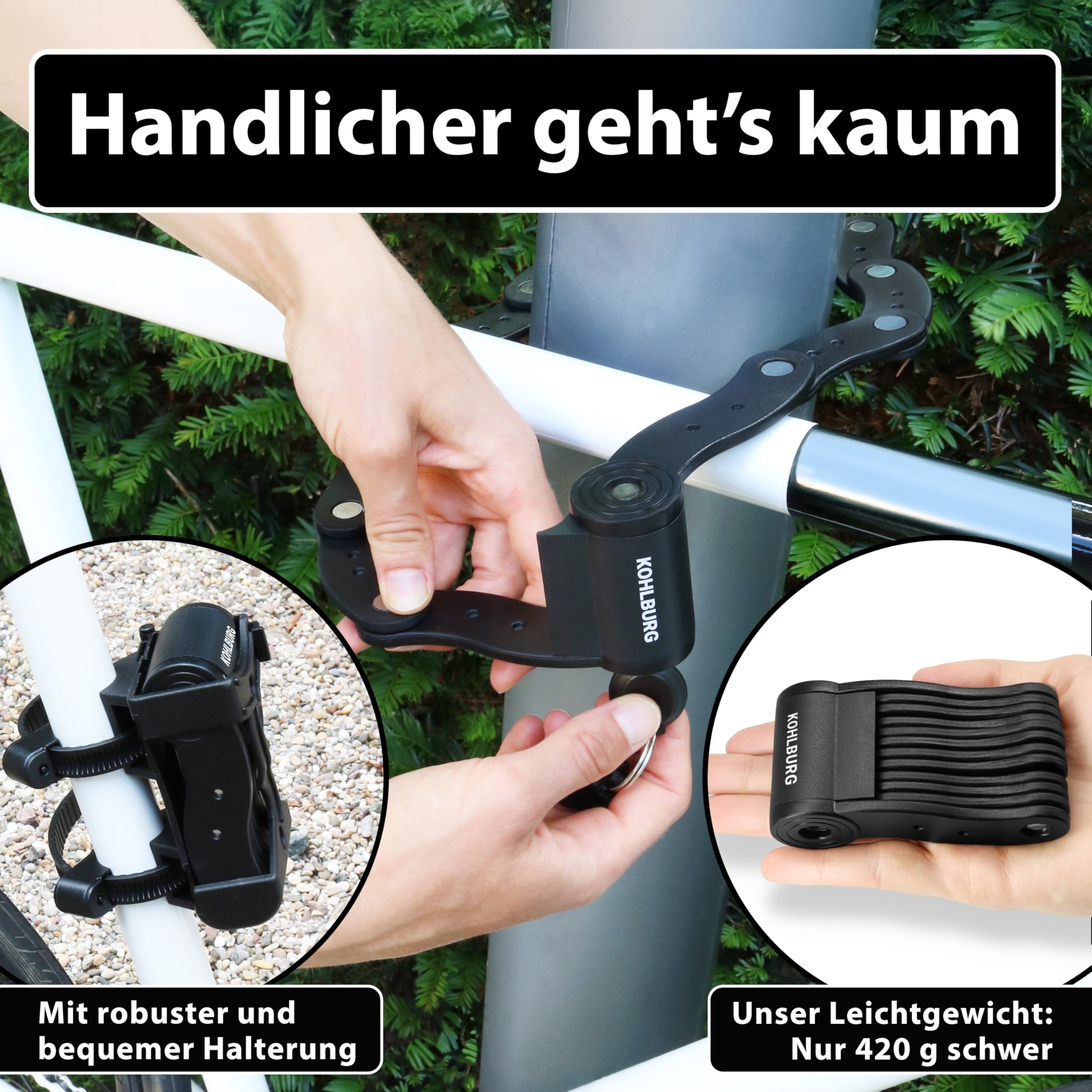 KOHLBURG 420g leichtes Fahrradschloss mit Halterung für lange Touren - Kurz-Zeit-Schutz Faltschloss - Gliederschloss 70cm lang für Fahrrad E-Bike & Rennrad Schloss - Mini Fahrradschloss leicht & klein