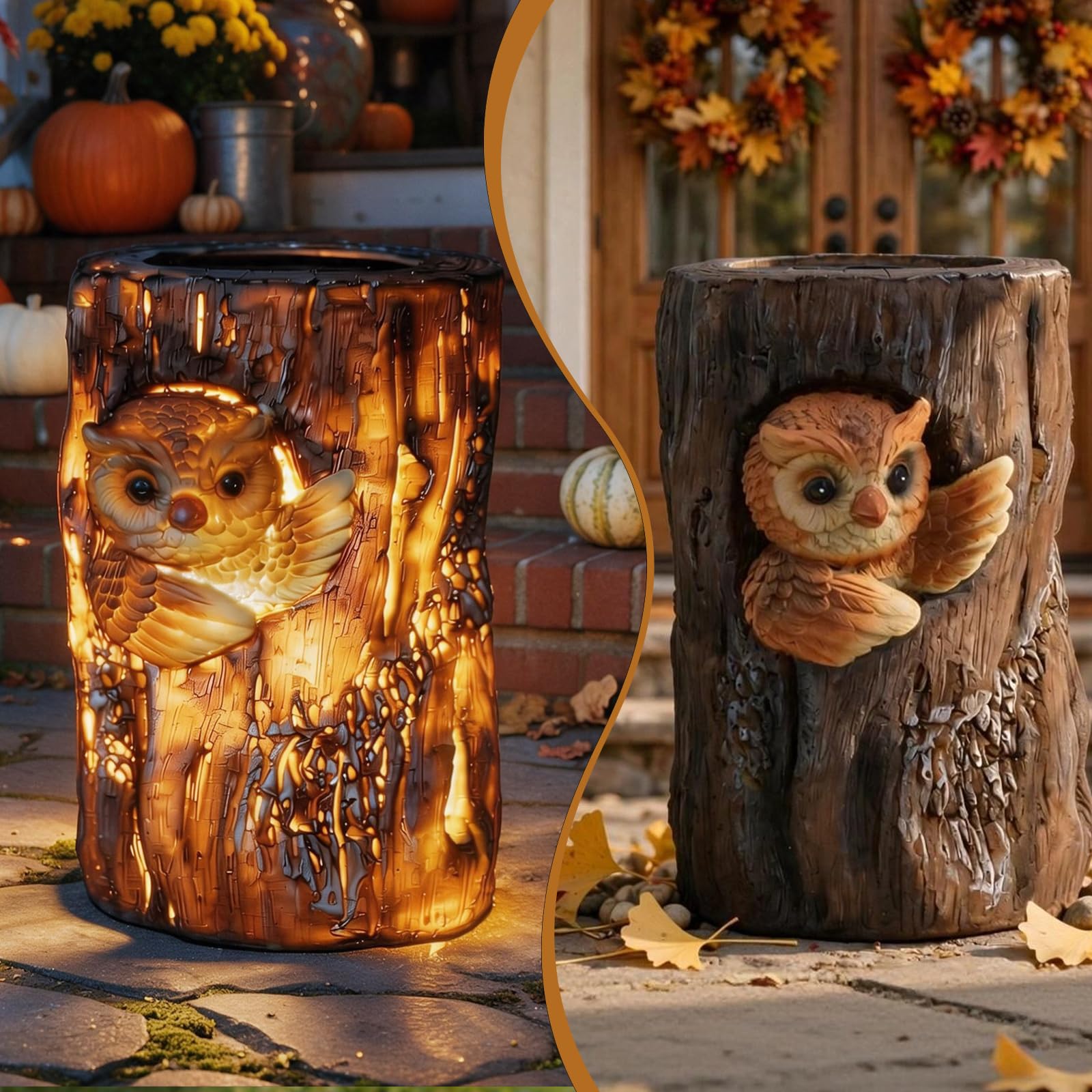 Photo 1 of Landoraloria Solar Powered Tree Stump Owl Garden Statue Pedestal with Light, Brown Resin, Waterproof Outdoor Decorative Lamp Fall Garden (Owl)