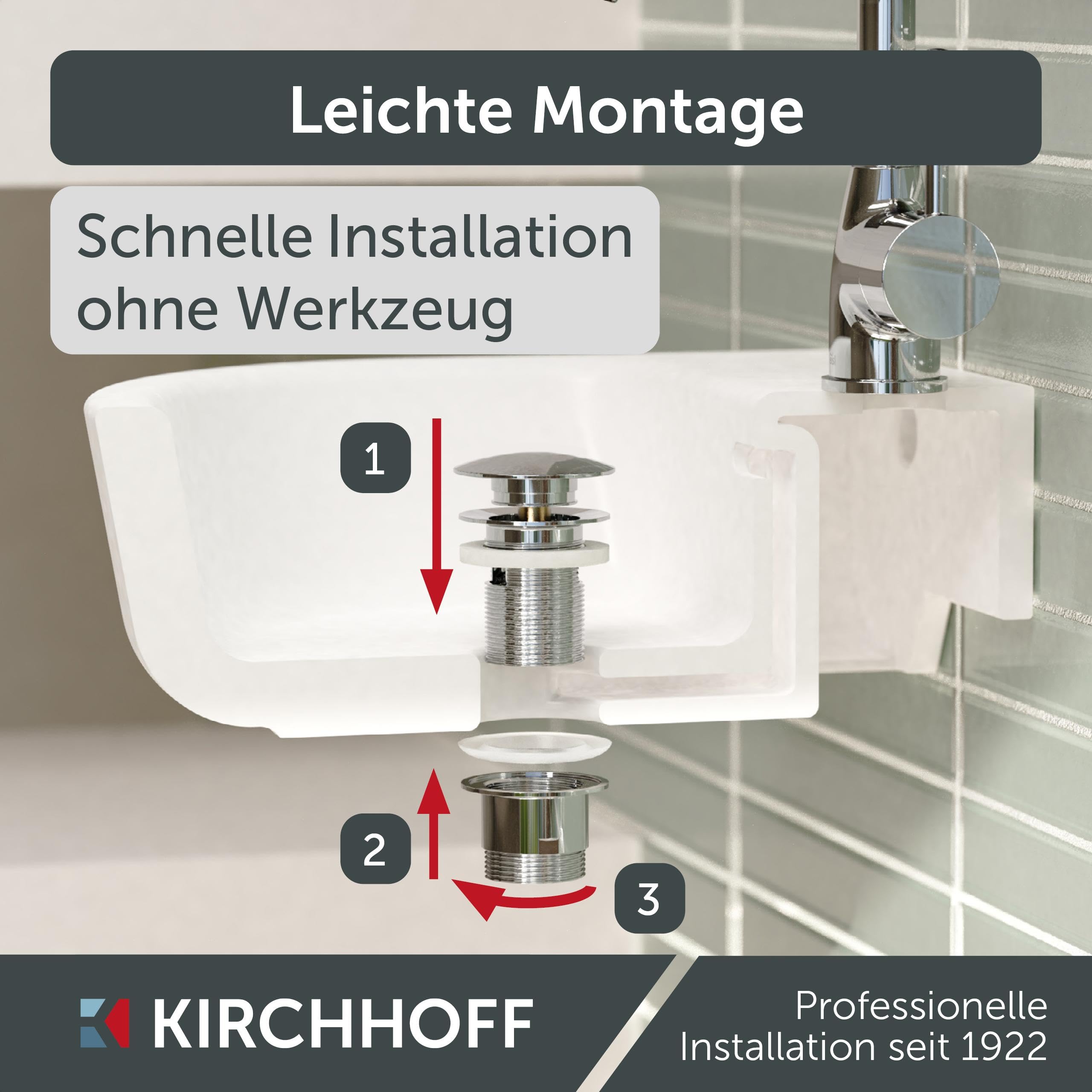 KIRCHHOFF Design Universal Waschbecken Ablaufgarnitur, Pop Up Waschbeckenstöpsel, Ablaufventil mit Überlauf, Abfluss Stöpsel für Badezimmer Waschbecken & Waschtisch, Chrom 98807330 | Pop Up Waschbeckenstöpsel, Ablaufventil mit Überlauf, Abfluss Stöpsel fü