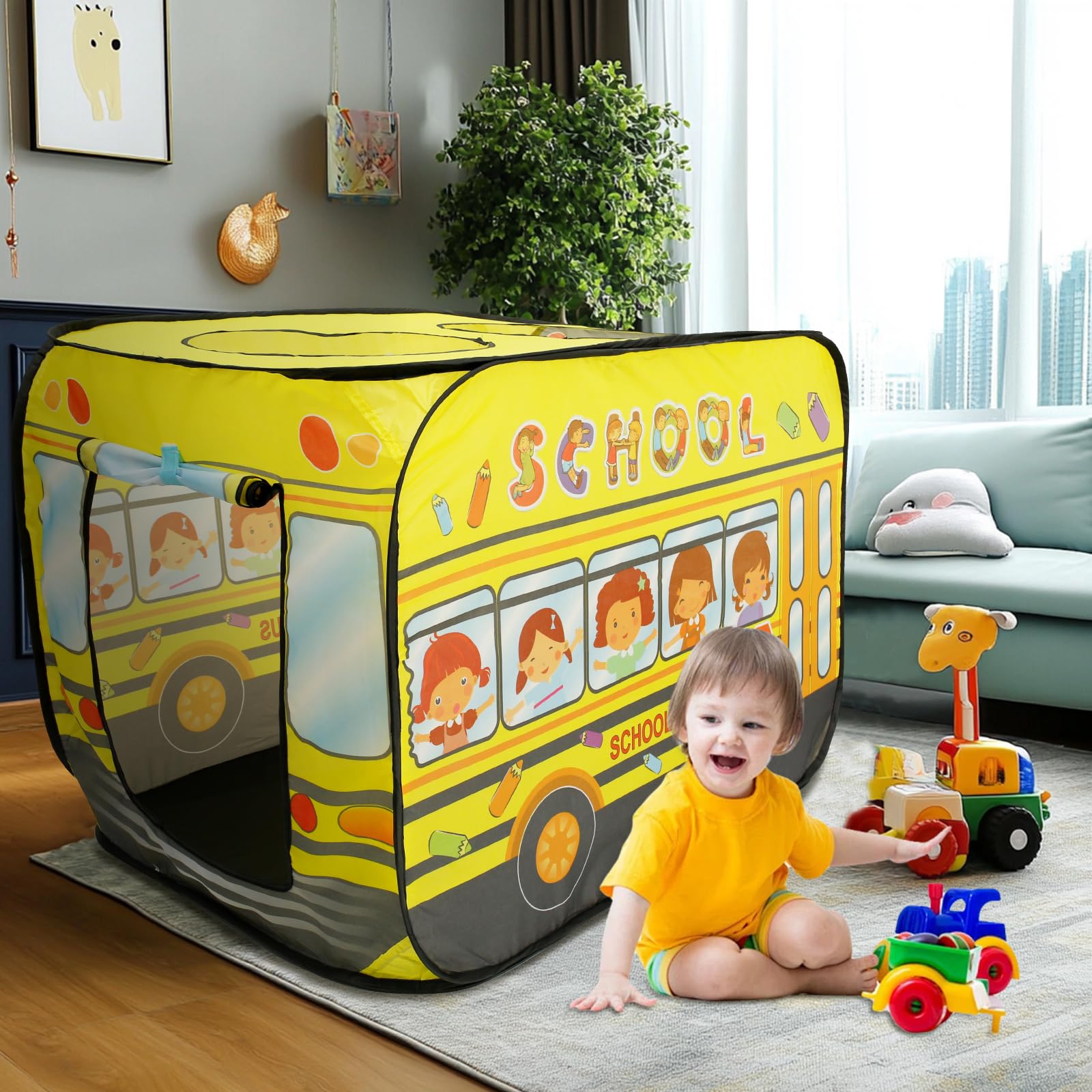 Hnvdkln Pop up Play Tent for Kids Aged 1-3 Years Old Boys and Girls Educational Play Tent Playhouse Tents for Toddlers Kids Tent Indoor Outdoor Playhouse Toys for 1 + Year Old (School Bus)