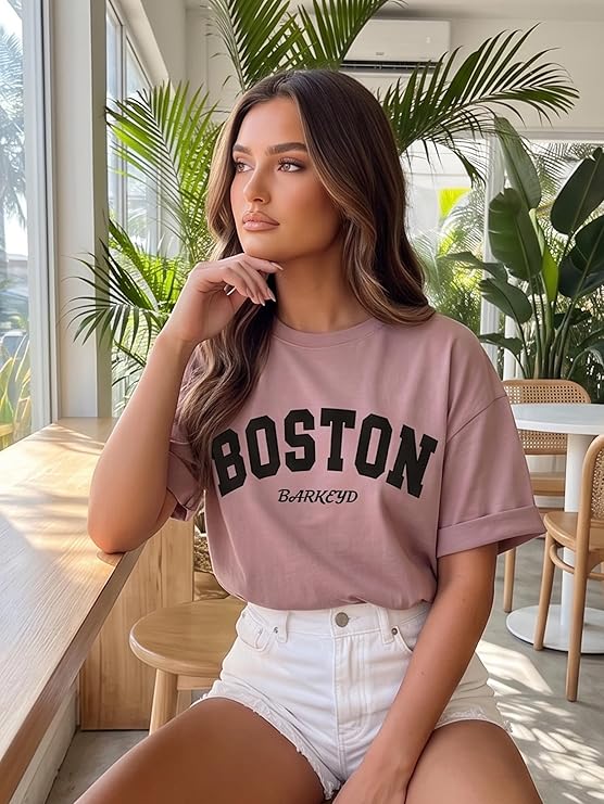 BARKEYO Womens Half Sleeve Oversized Round Neck Cottonblend T-Shirts for Woman (Boston-FT) Pink 2