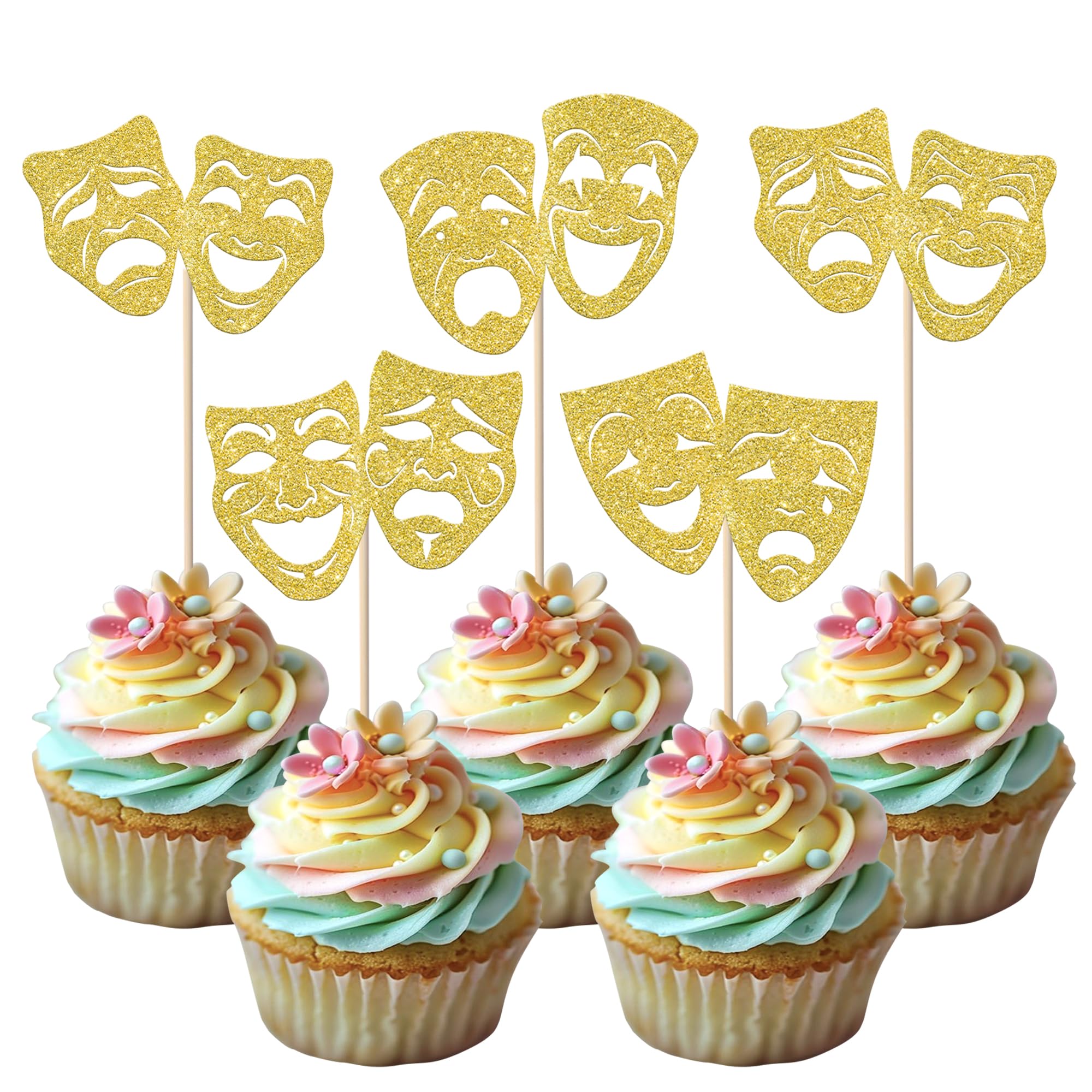 SYKYCTCY 30 Pack Theatrical Mask Cupcake Toppers Glitter Comedy Movie Cake Topper Decorations for Film Festival Theme Birthday Party Cake Decorations Supplies Gold