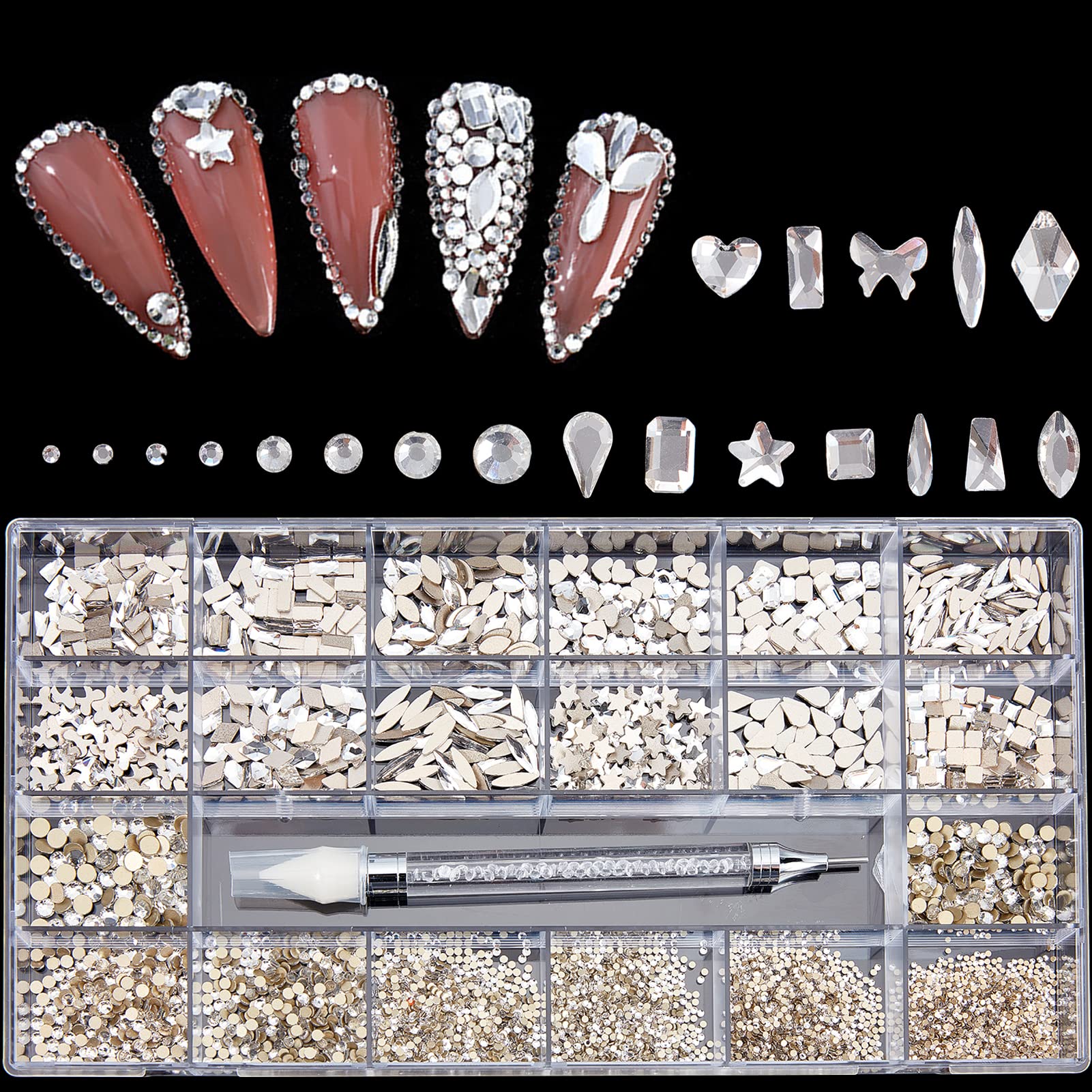 NICENEEDED Set di Strass Flatback A 20 stile con Scatola di Immagazzinaggio Diamantata, 3100 pezzo di Gemme per Unghie di Dimensioni Miste con Penna A Cera Professionale