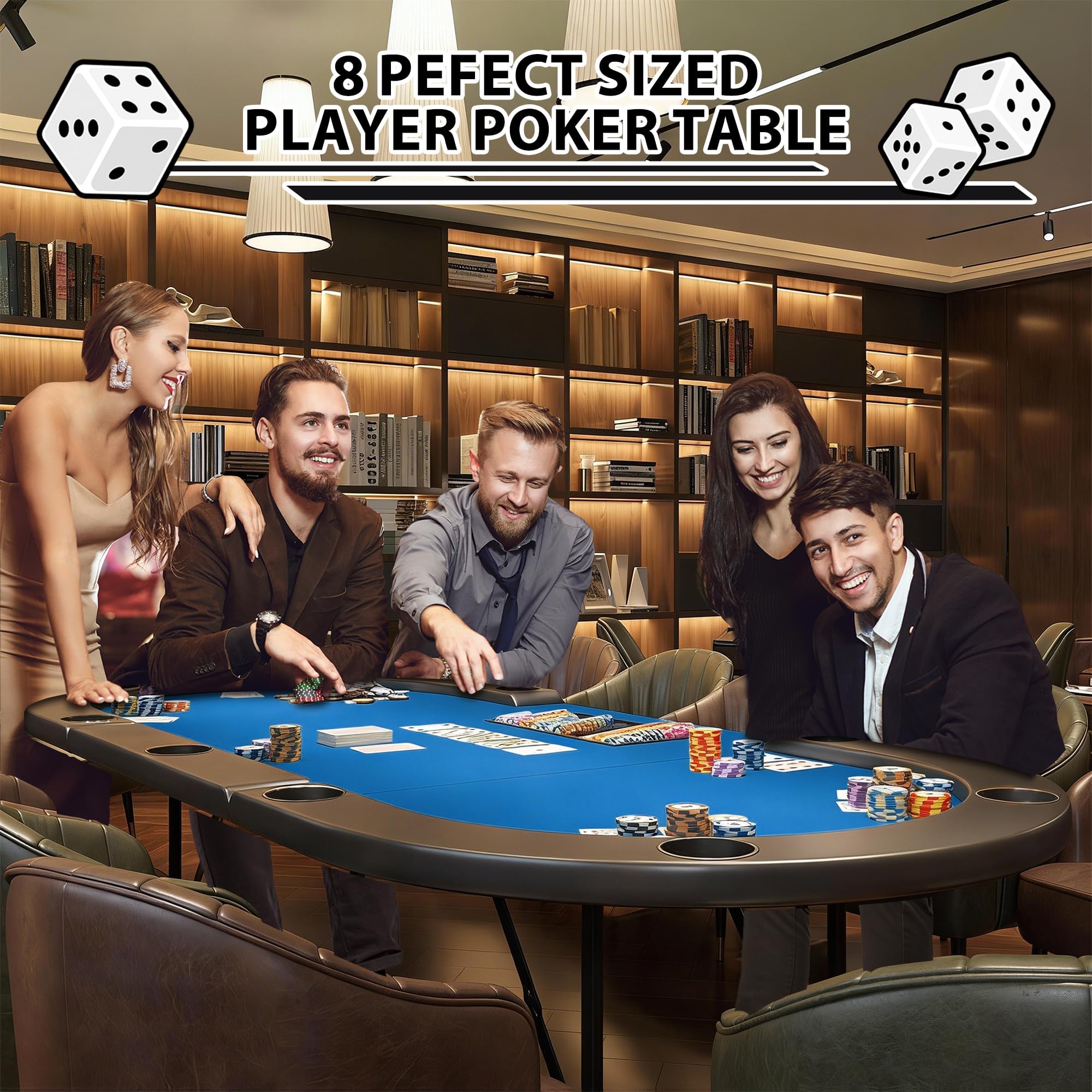 Garvee Table De Poker Pliable à 9 Joueurs - Table De Jeu Circulaire avec Pieds en Fer, Plateau Bleu en Plastique, Porte-Gobelets pour Soirées De Jeux, Casino Maison Et Événements Familiaux