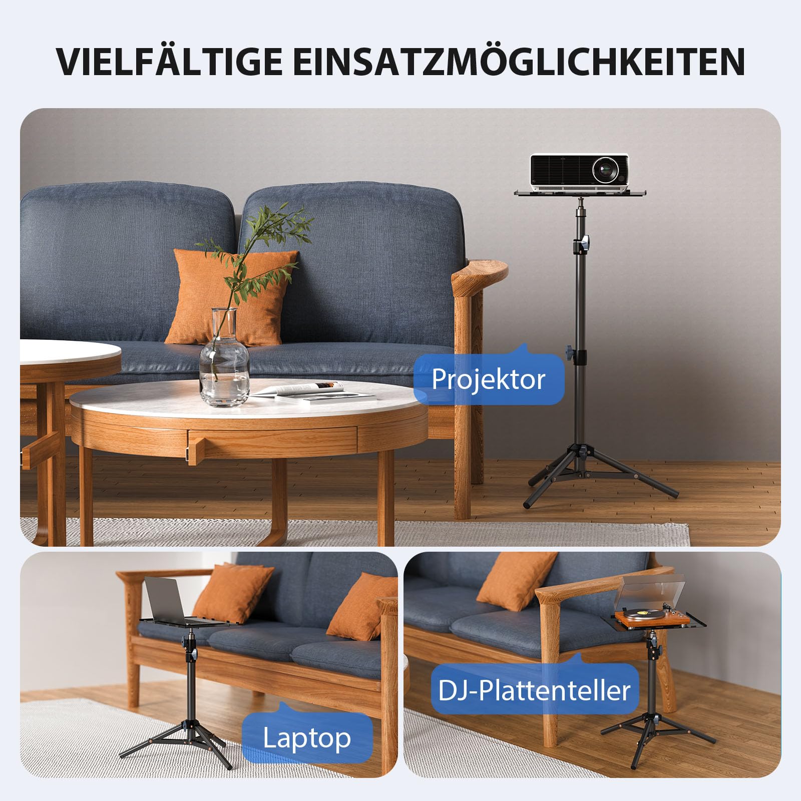 Beamer Ständer, Laptop Stativ Tragbarer, Projektorständer, Multifunktionaler Kamera Bodenständer, Höhe Verstellbar 45-115 cm, Klapplatte, 10 kg Tragkraft, für Outdoor-Filme