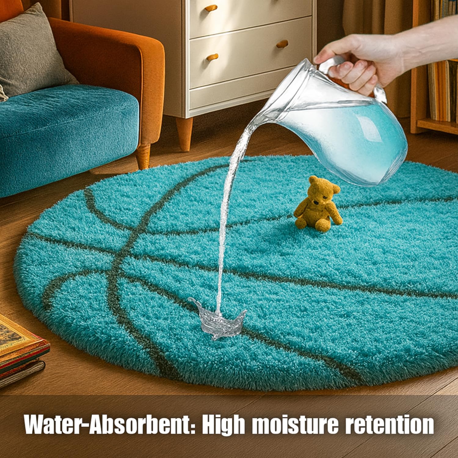 Xenluxe Basketball 4x4 feet Carpet for Kids Room – Soft Turquoise Round Rug, Non-Slip Floor Mat for Bedroom, Nursery, Playroom & Sports Theme Décor (4x4 feet, Turquoise, Round). 2