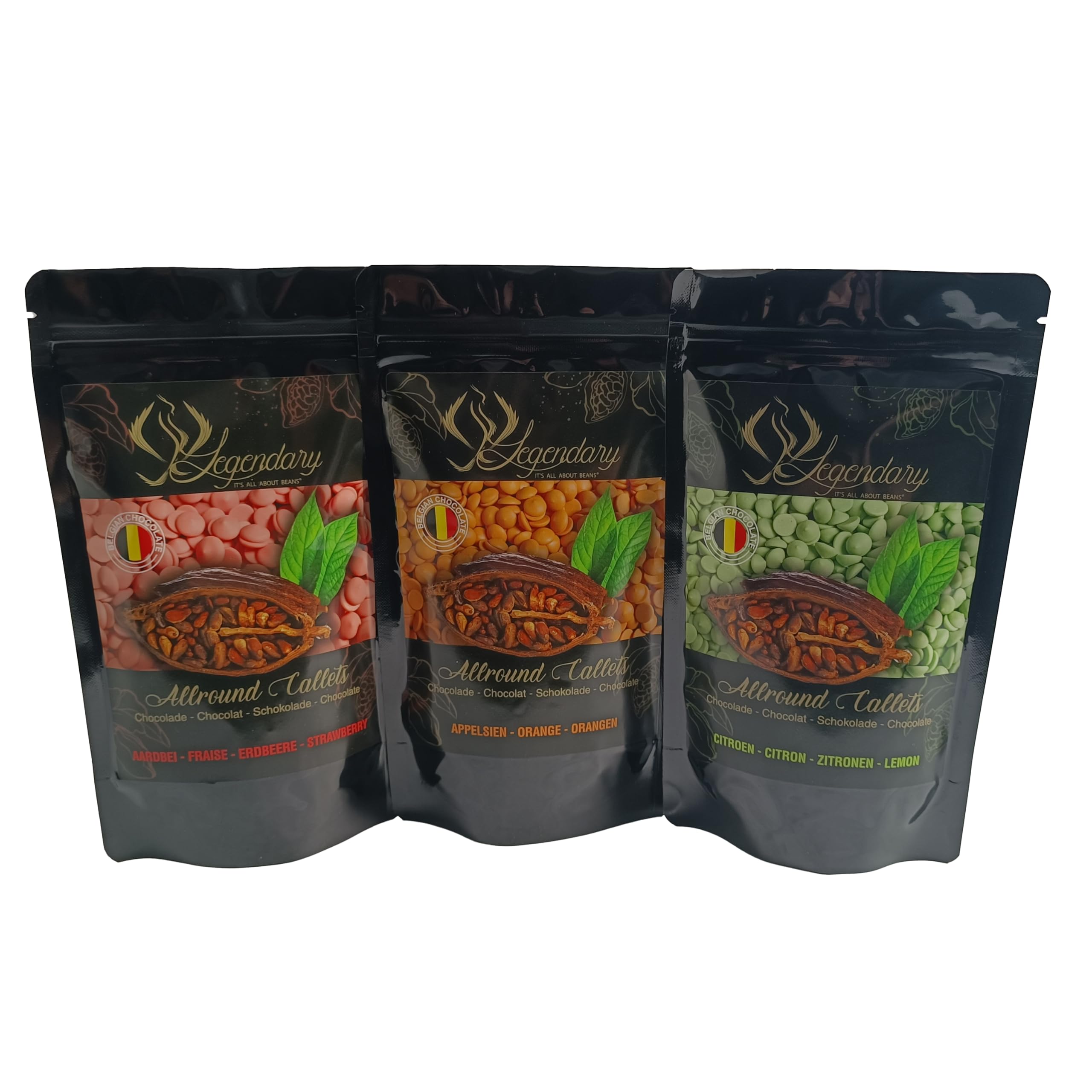Legendary CALLETS STRAWBERRY / LEMON / ORANGE 3 x 0.5Kg - Original belgische Schoko Drops, für Schokoladen-Fondue und Schoko-Brunnen, Ganache , Glasur, zum Trinken usw.