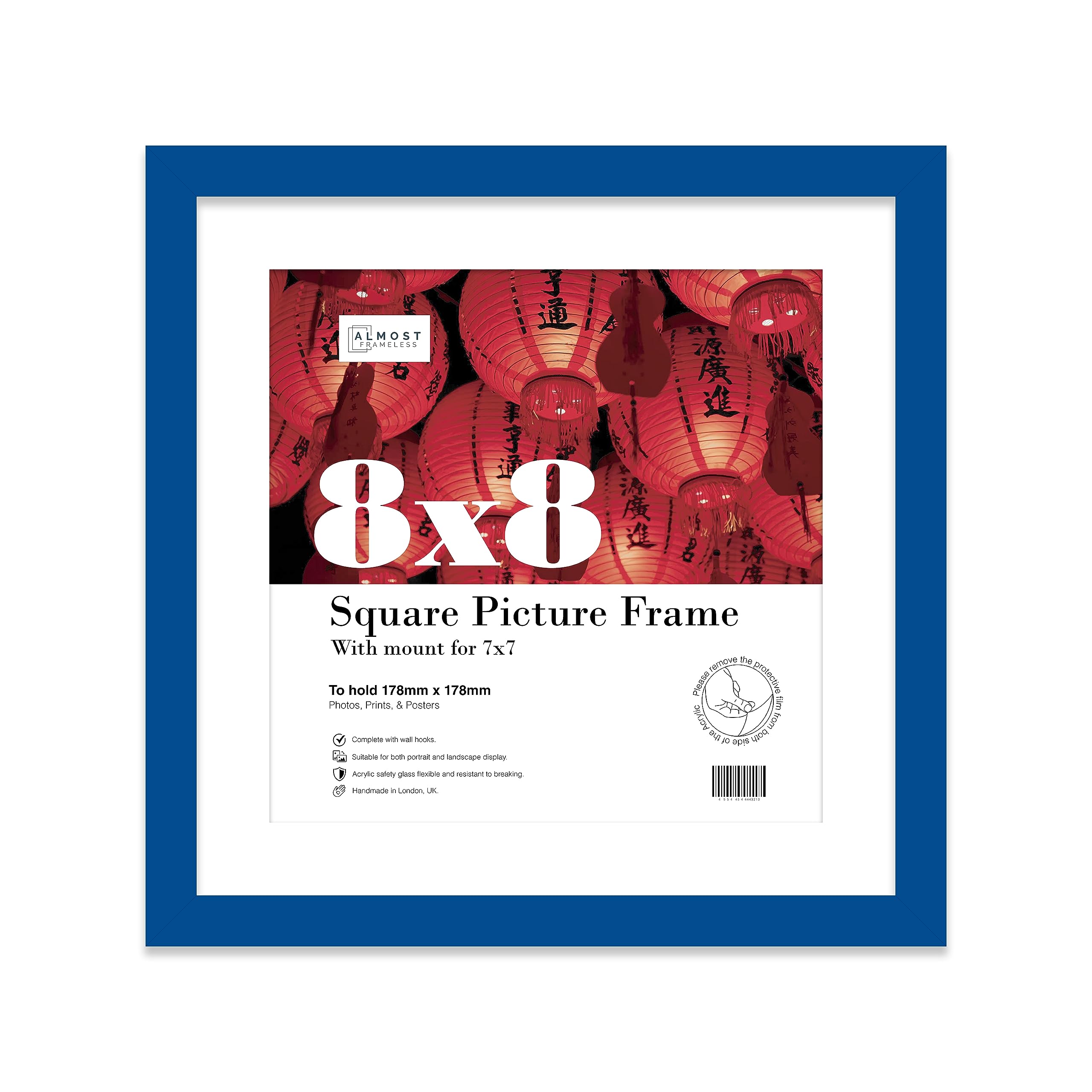 Almost Frameless 8x8 Picture Frame, Display Pictures 7x7 With Mat or 8x8 Without Mat, Wall Hanging & Free Standing Photo Frame, Blue, 1 Pack