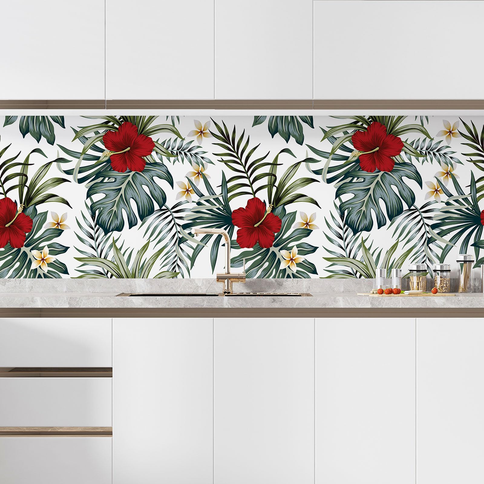 Lumalea Adesivo adesivo per cucina, motivo: fiori tropicali 3617681368090, adesivo + protezione opaca, 90 x 135 cm