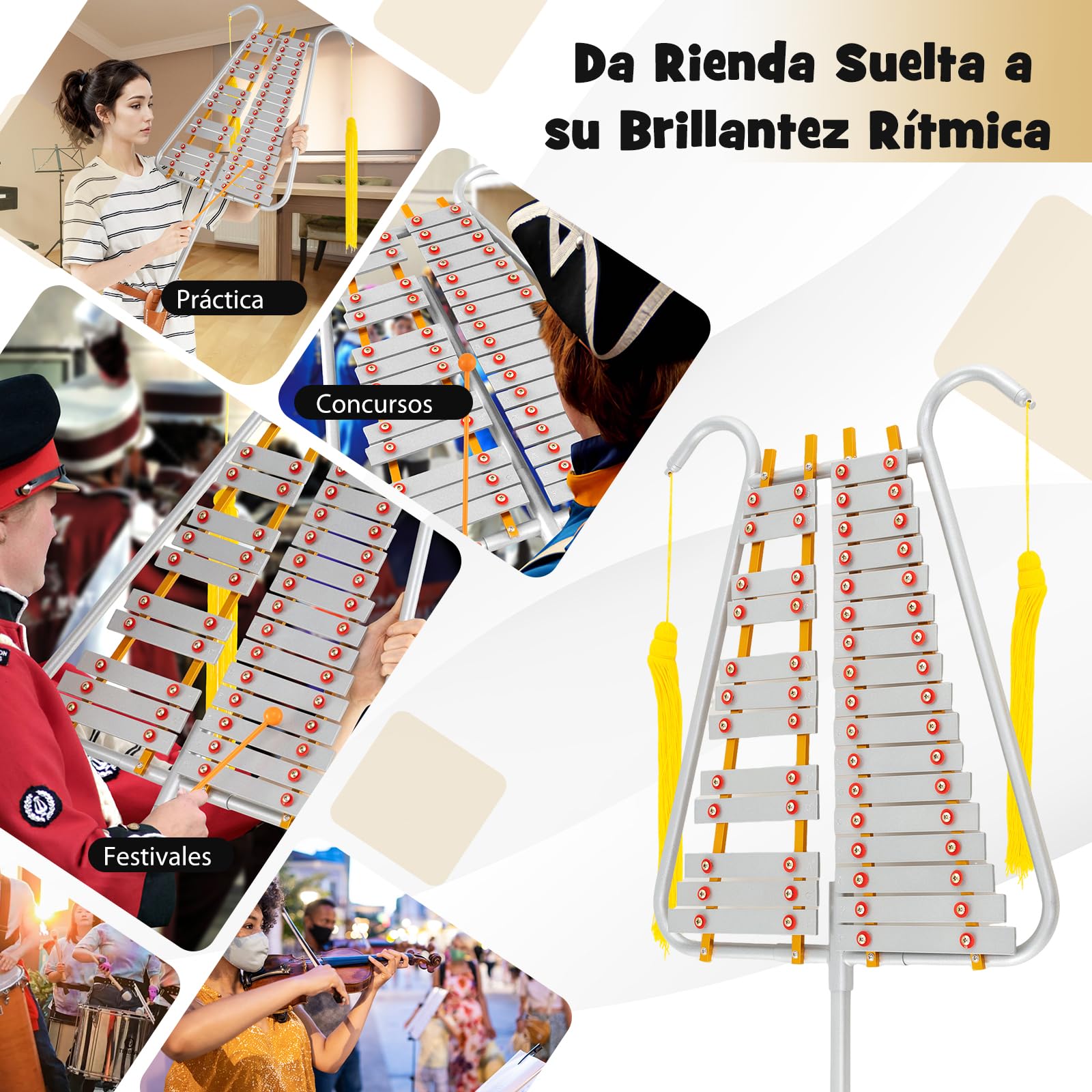 GOPLUS Glockenspiel de Marcha, Lira de Campana de 29 Notas para Banda de Marcha con Teclas de Aluminio, Longitud Ajustable, Correa de Cintura, 2 Mazas, Kit de Instrumento de Percusión para Desfile