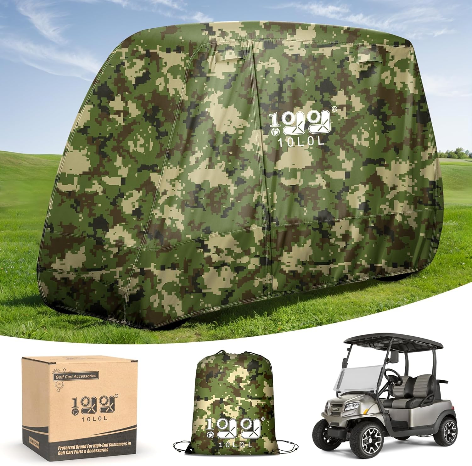 10L0L Housse de chariot de golf pour 4 + 2 passagers, convient pour Yamaha EZGO, Club Car, housse imperméable en polyester 420D avec trois portes à fermeture éclair, coupe-vent et solaire, camouflage