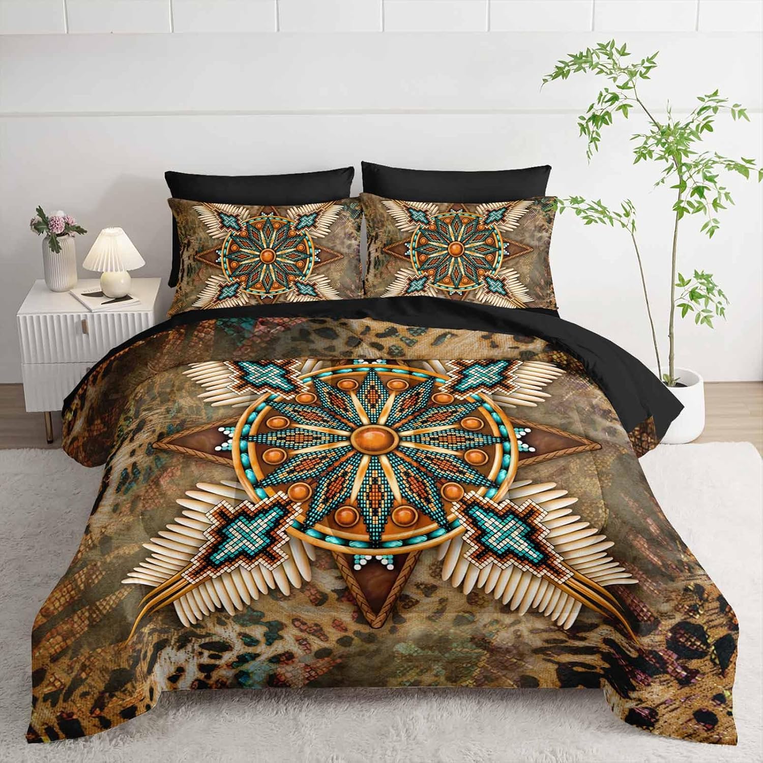 AILONEN Ethnic Pattern Comforter Set Queen Size,Leopard Bedding,7-Piece Native American Mandala Bed in a Bag Boho Comforter & Fitted/Flat Sheet & 2 Pillowcases & 2 Pillow Shams