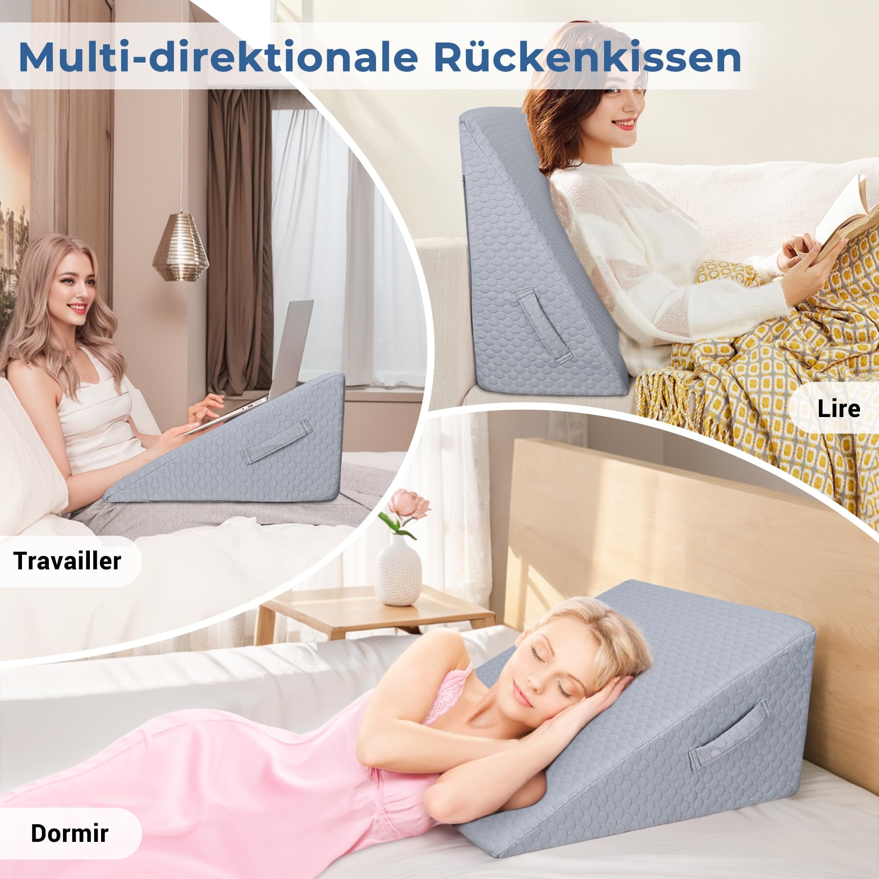 INFANZIA Cuscino inclinato per letto, cuscino triangolare ergonomico in memoria di forma per apnea del sonno, cuscino ad angolo, russare, reflusso acido (grigio)