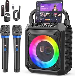 JYX Karaoke Machine with Two Wireless Microphones, Portable Speaker with LED Lights for Kids and Adults, Supports Bluetooth/USB/TF/AUX for Party