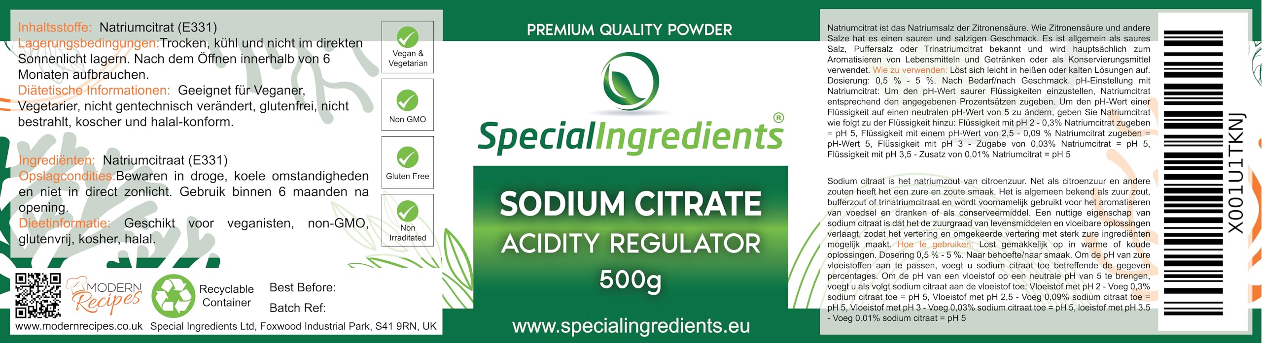 Special Ingredients Citrato di sodio 500 g Massima qualità - Vegano, senza OGM, senza glutine - Imballaggio riciclabile