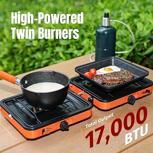 Miniatura 3 de Estufa de campamento de doble quemador con bolsa de transporte y protector contra el viento, estufa portátil plegable para campamento, estufa de