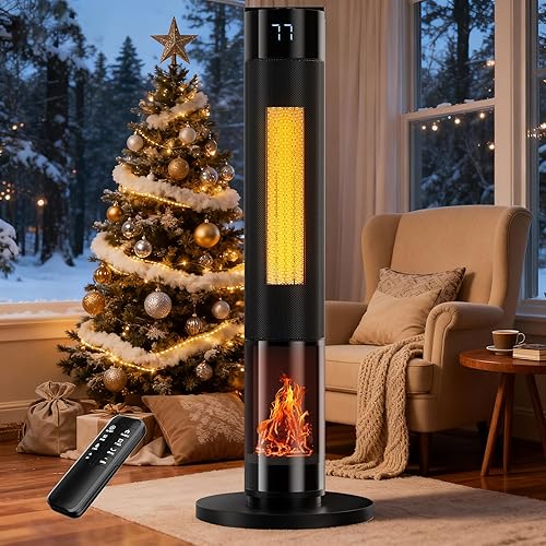Space Heaters for Indoor, 34Large PTC Ceramic Heater with Flame, 1500W Electric with Thermostat, 90Oscillating Portable Tower Heater with Remote for