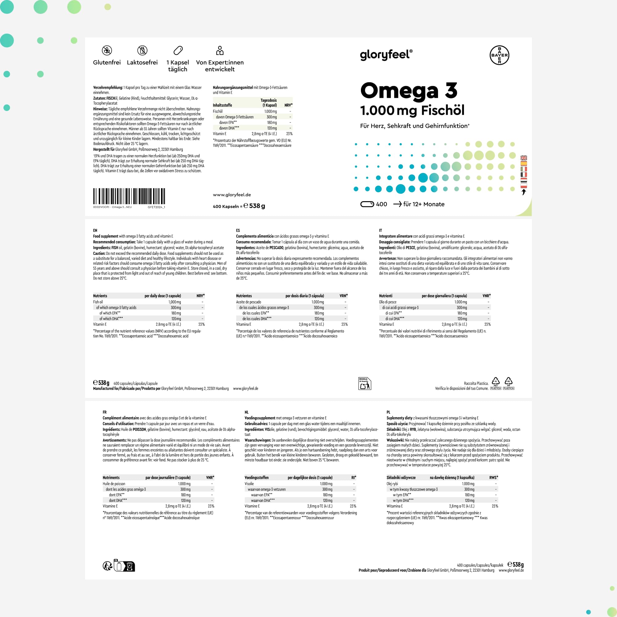 Oméga 3 1000mg Huile de Poissons Sauvages, 400 Gélules Biodisponibles, EPA 180mg DHA 120mg, Haute Concentration Acides Gras, Soutient le Cerveau, Cœur, Tension Artérielle, Sans Additifs