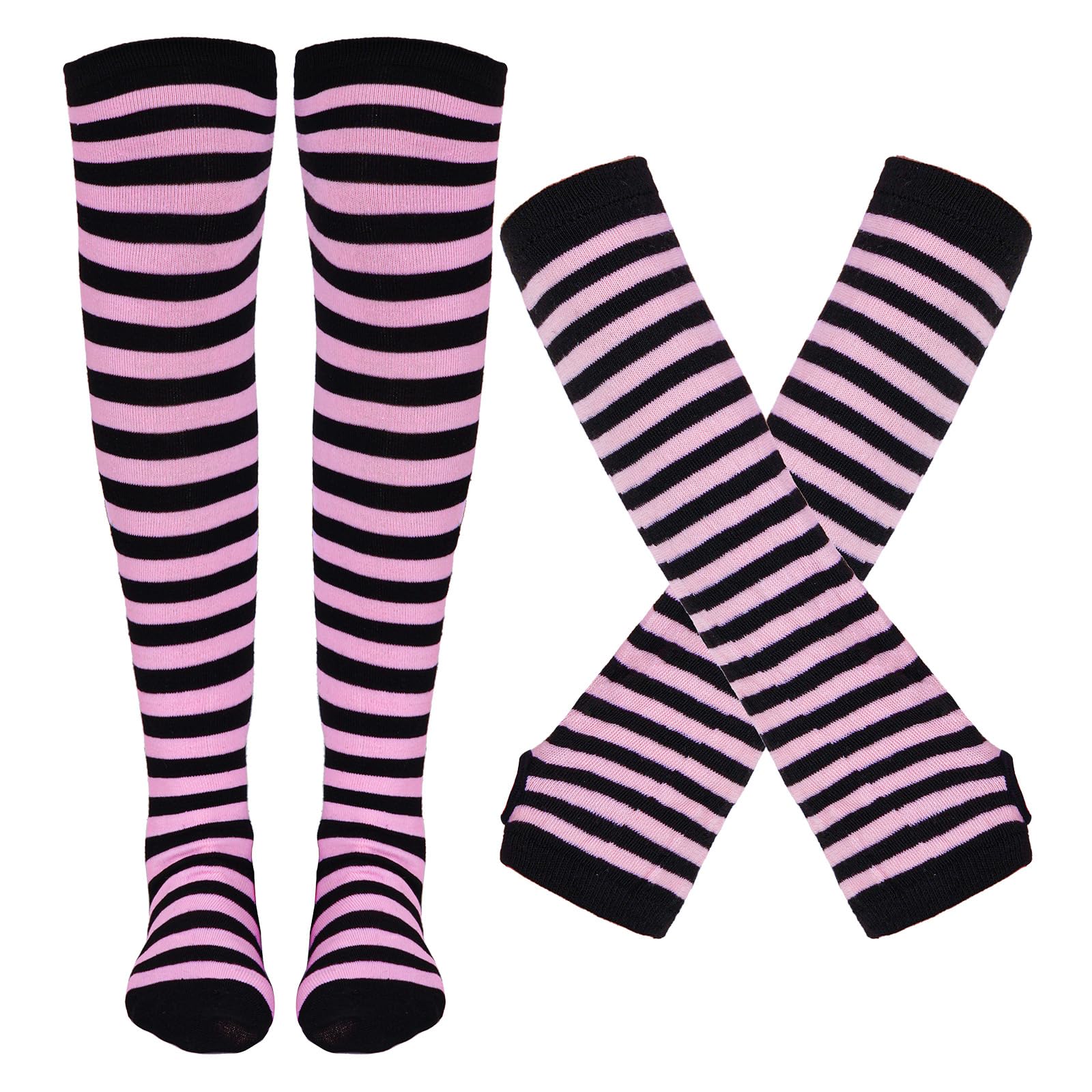 Tongcloud Women's Striped Knee High Socks, Over Knee Thigh High Socks, Arm Warmer and Fingerless Gloves Set