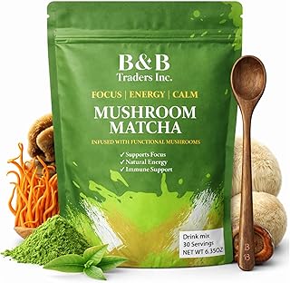 B & B Mushroom Matcha Powder with Coconut Milk | Lion’s Mane, Cordyceps, Chaga & 6 Mushroom Fruiting Body Blend – Japanese Ceremonial Grade Matcha – Adaptogenic Energy & Focus Drink Mix – 30 Servings (180g)