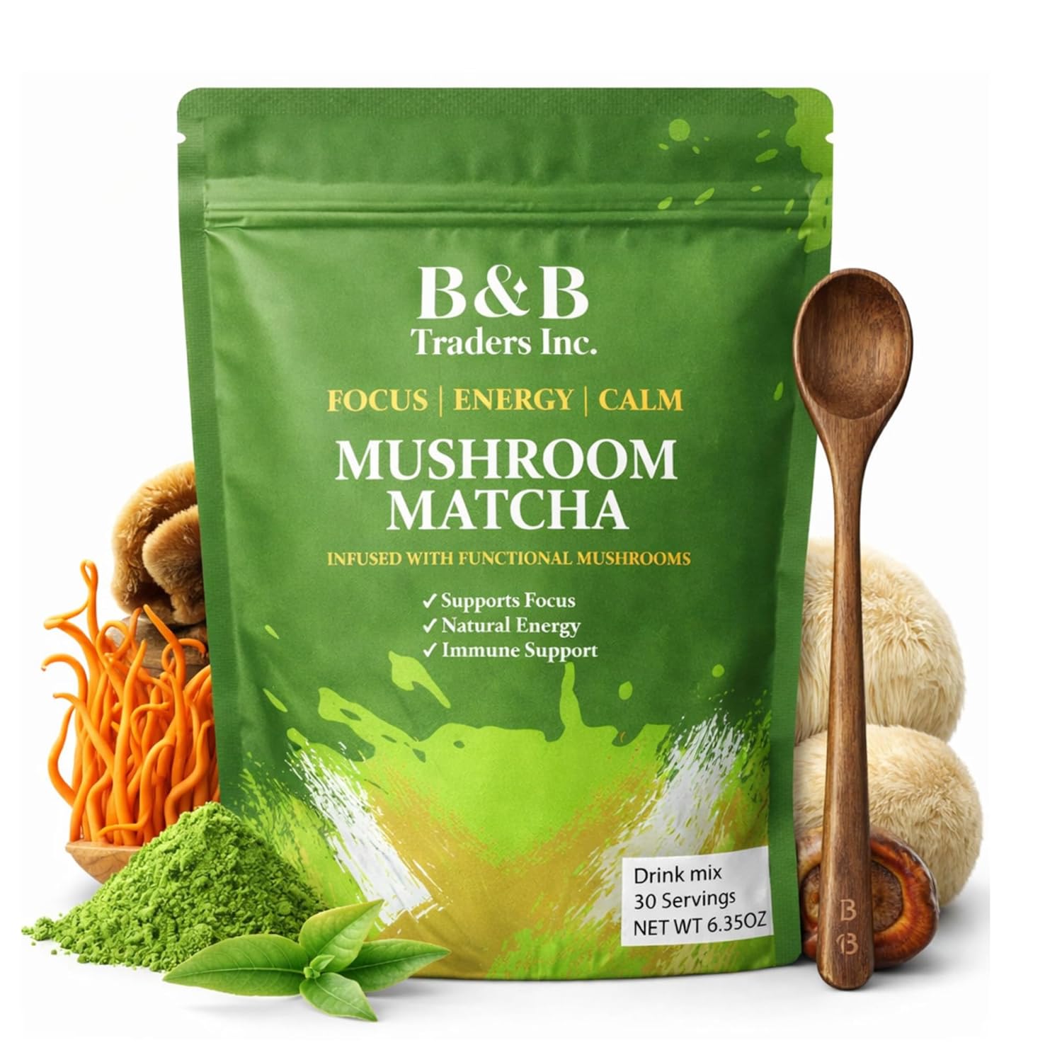 B & B Mushroom Matcha Powder with Coconut Milk | 6 Fruiting Body Mushroom Blend (Lion's Mane, Cordyceps, Chaga) | Japanese Ceremonial Grade Matcha | Nootropic Energy & Focus Support | 30 Servings (180g)
