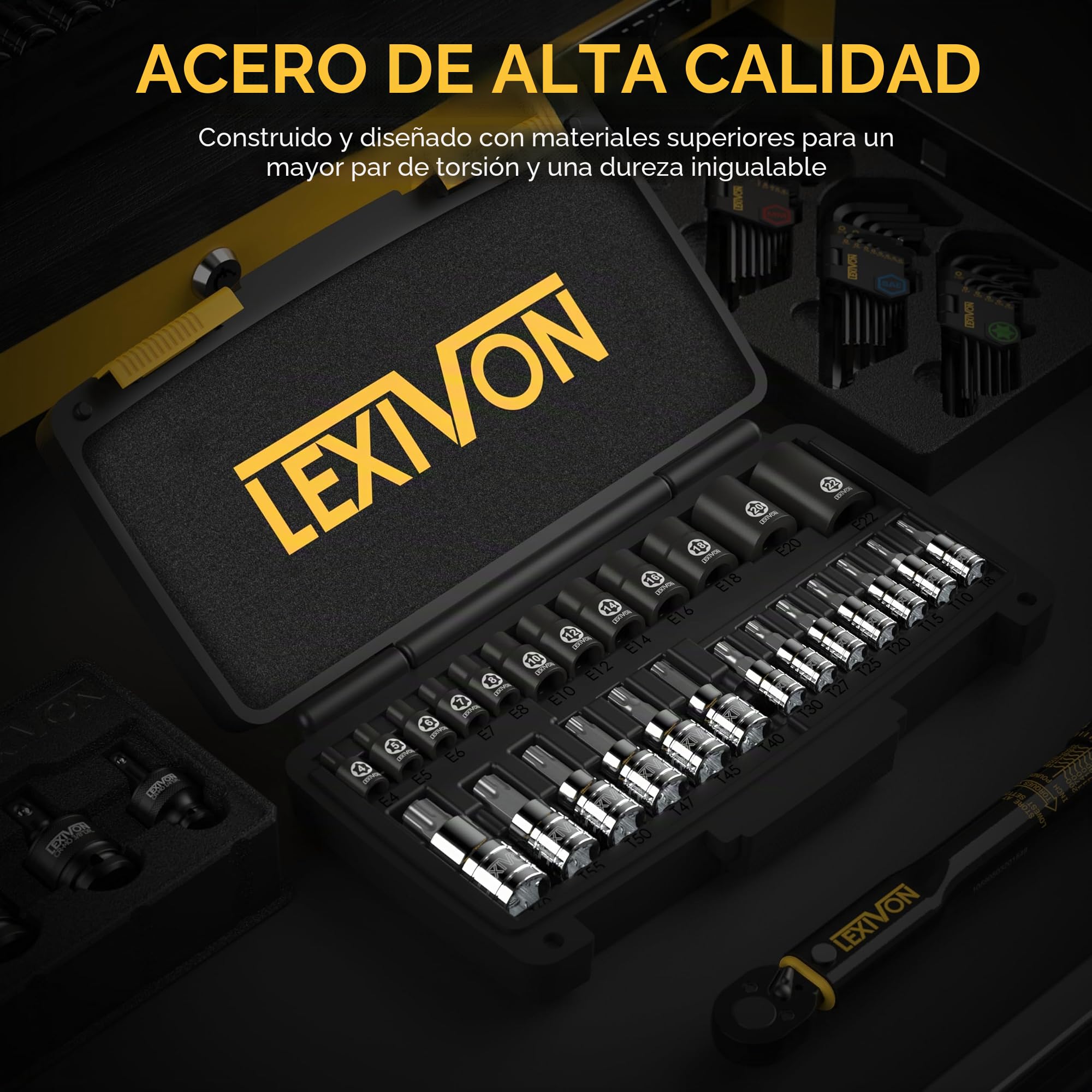 LEXIVON Master Torx - Juego de brocas y llaves de vaso de aleación S2 de alta calidad y acero Cr-V | 25 piezas, enchufe de broca T8-T60 y E-Torx E4-E22 | Caja de almacenamiento resistente (LX-148)