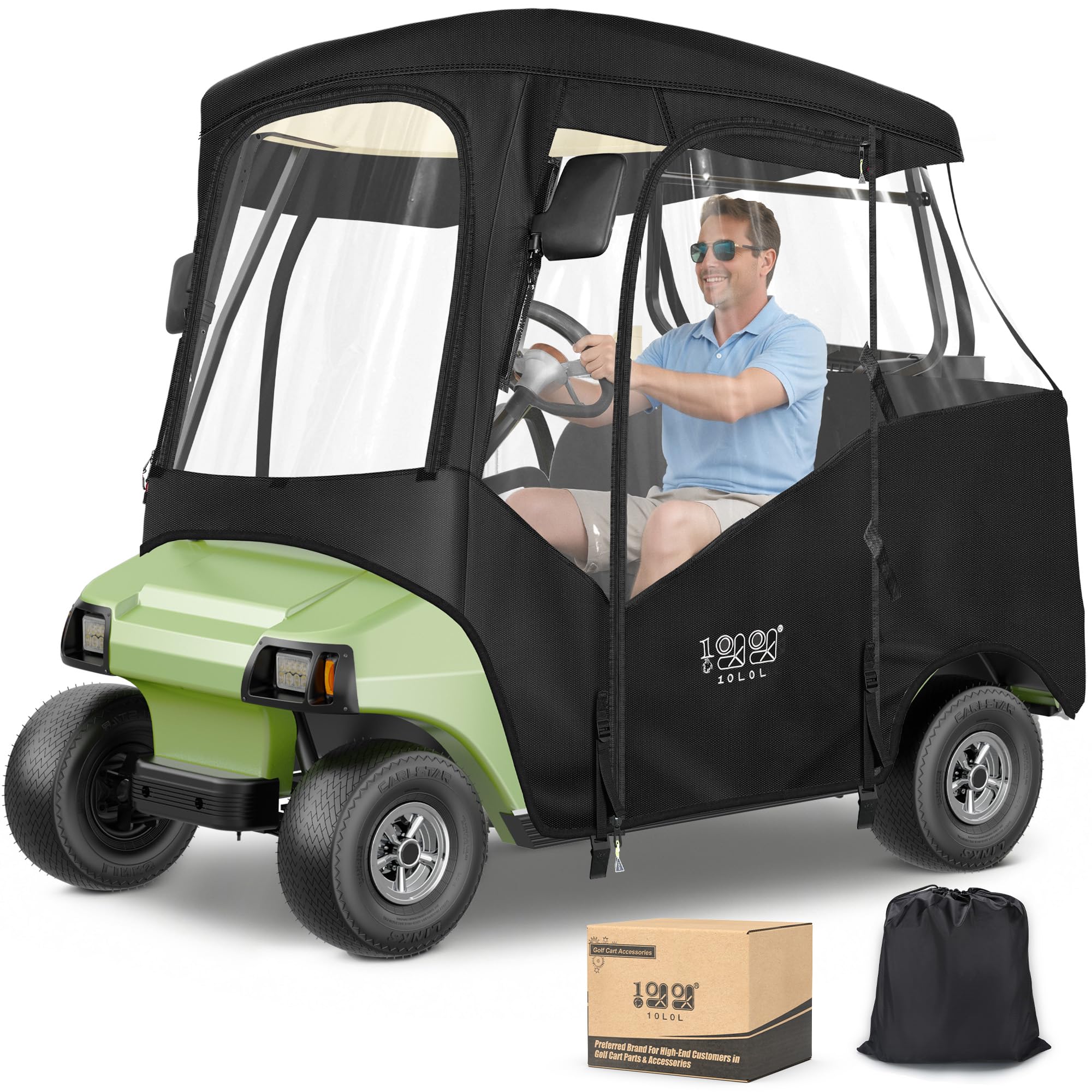 10L0L Golf Cart Driving Enclosure for 2 Passenger Club Car DS & Precedent, Waterproof Windproof Oxford Cloth 4-Sided Full Protection Club Car Rain Cover Weather Enclosure (Black/Transparent)