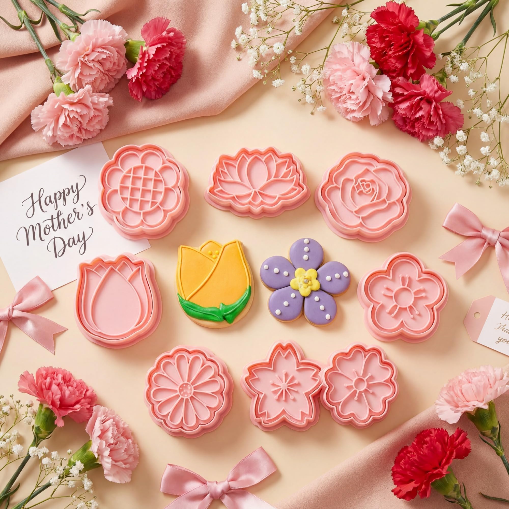 Vesici 8 Pcs Flower Cookie Cutters Set with Plunger, 3D Spring Tulip Rose Daisy Sunflower Variety, Plastic Pink Mold for Easter, Wedding, Bridal Shower and Spring Summer Mother's Day Cookie Decorating
