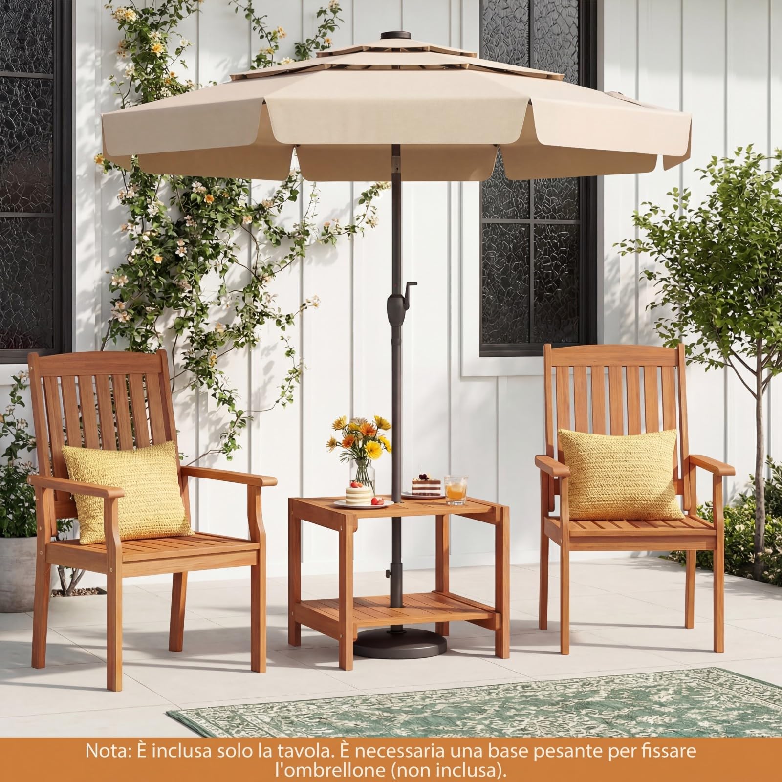 COSTWAY Tavolino da Esterno con Foro per Ombrellone 4 cm, Tavolo da Balcone in Legno Massello, a 2 Ripiani, Salvasapzio, per Giardino, Terrazzo, Cortile, Portata 40 kg, 51 x 48 x 45 cm