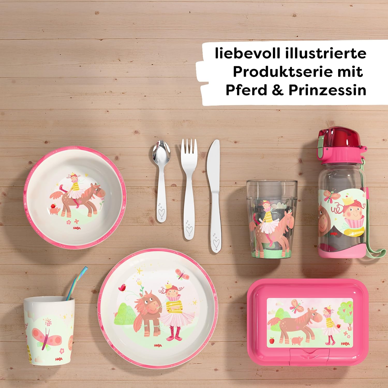 HABA Princess & Horse Cutlery - Children's Stainless Steel Cutlery with Heart Motif - Fork, Knife and Spoon Set - Dishwasher Safe - From 12 Months - 2012819004